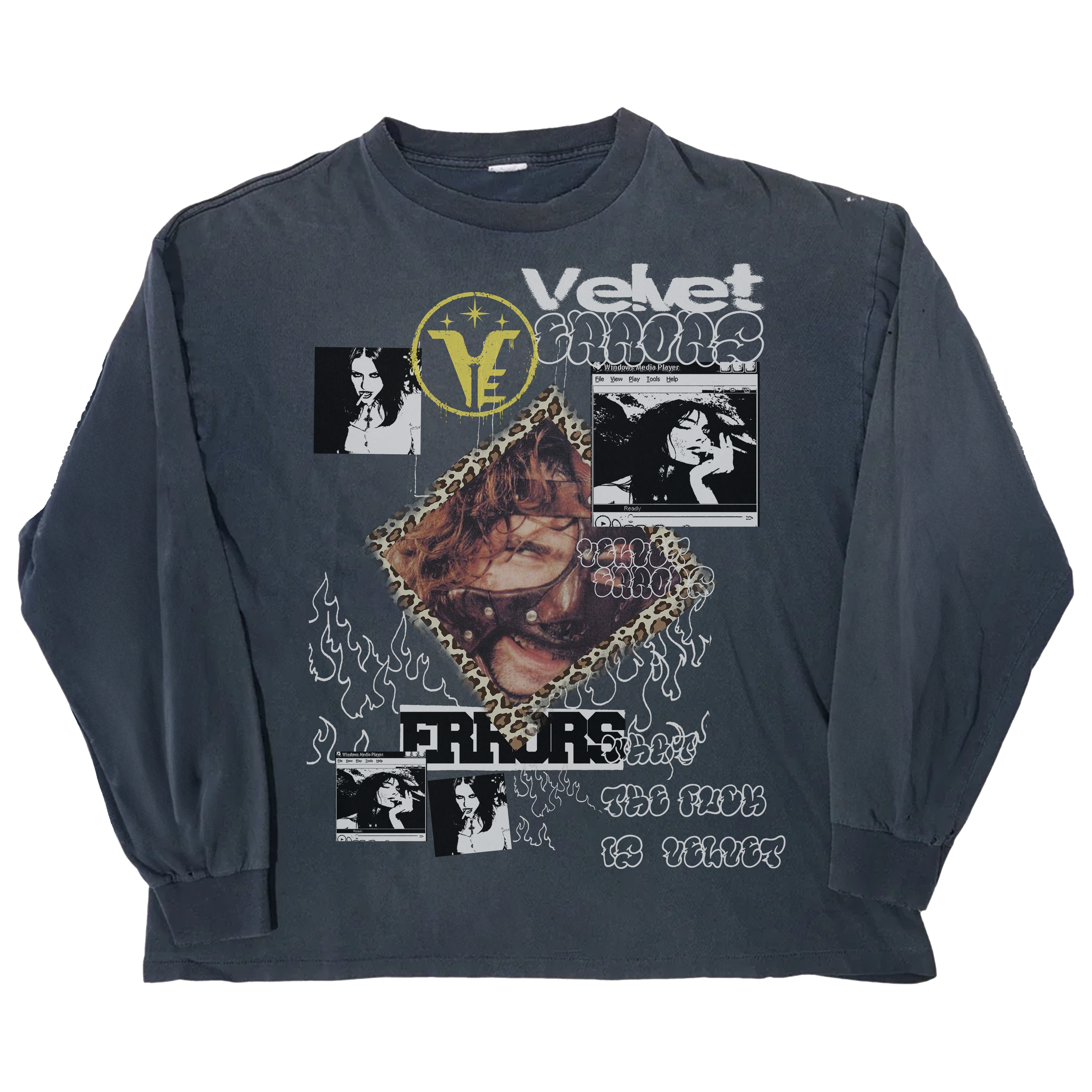 Blue Velvet Errors Feral long sleeve shirt with fitted design and ribbed cuffs, displayed on a plain background.