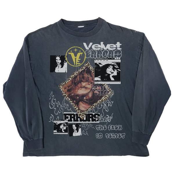 Blue Velvet Errors Feral long sleeve shirt with fitted design and ribbed cuffs, displayed on a plain background.