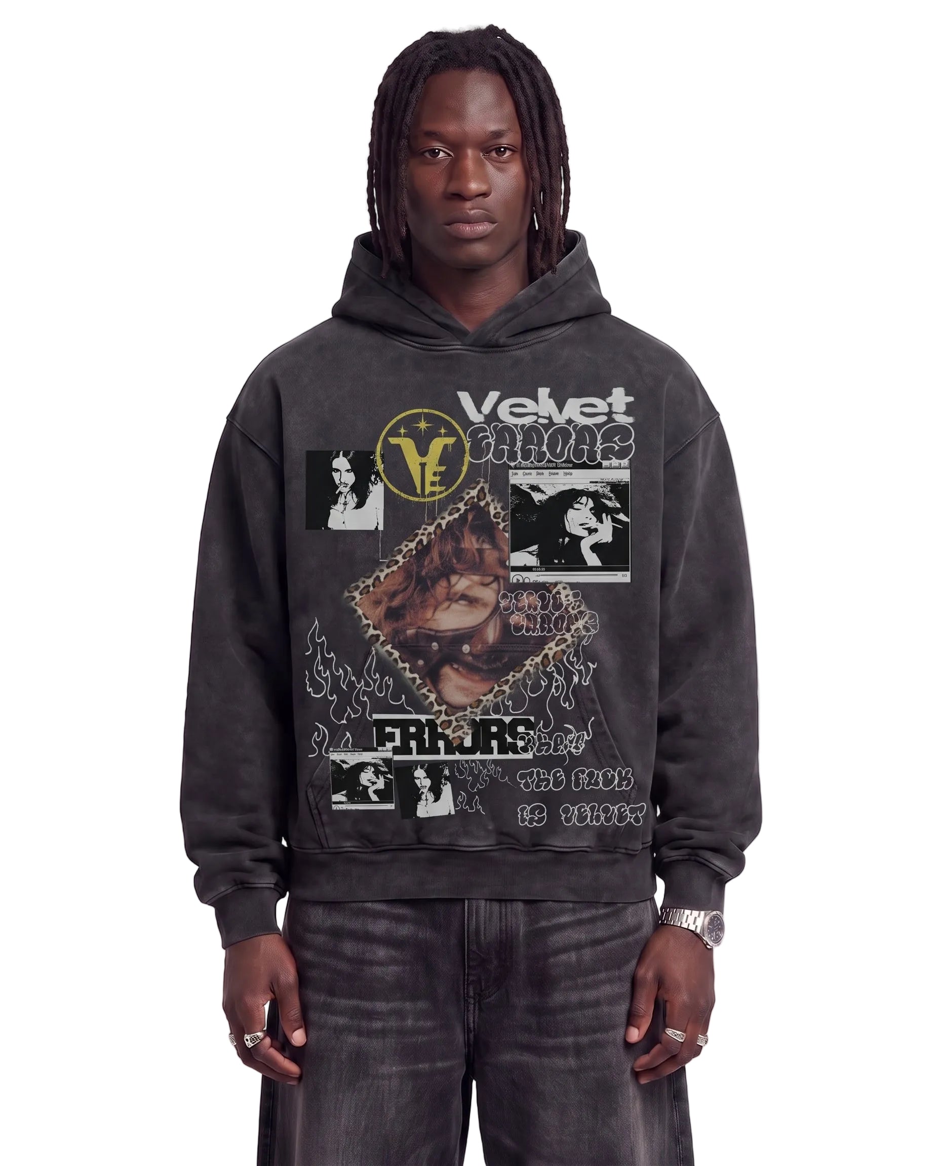Black Feral Hoodie by Velvet Errors displayed on a person, showcasing the relaxed fit and stylish design of the hoodie.