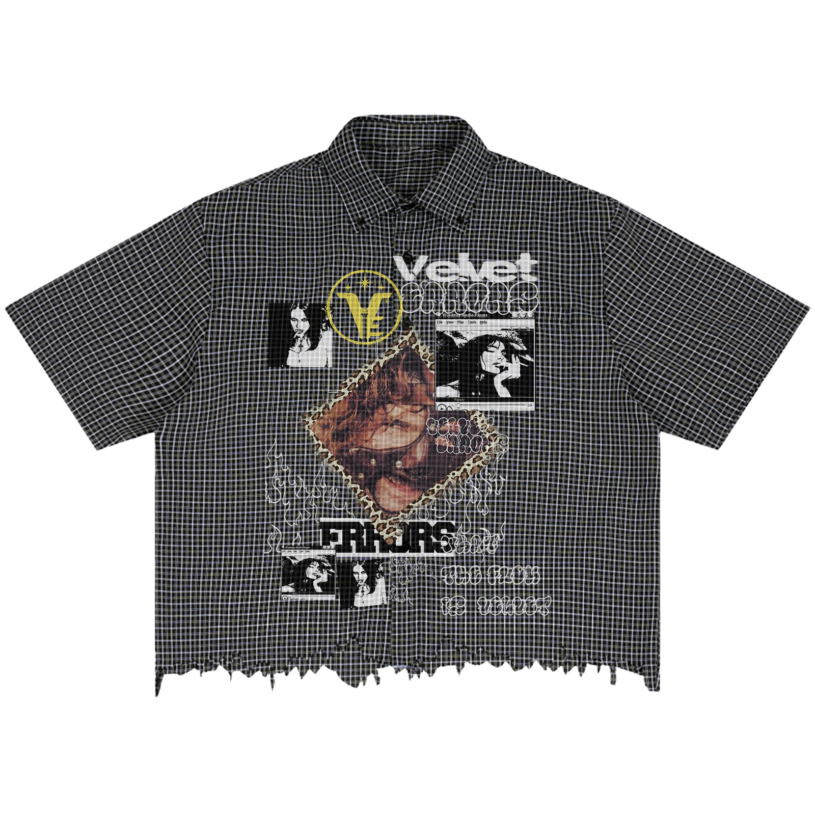 Velvet Errors Feral Distress Button Up shirt in dark fabric, featuring a casual fit and detailed collar, displayed on a hanger.