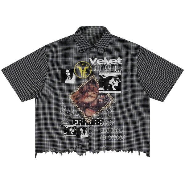 Velvet Errors Feral Distress Button Up shirt in dark fabric, featuring a casual fit and detailed collar, displayed on a hanger.