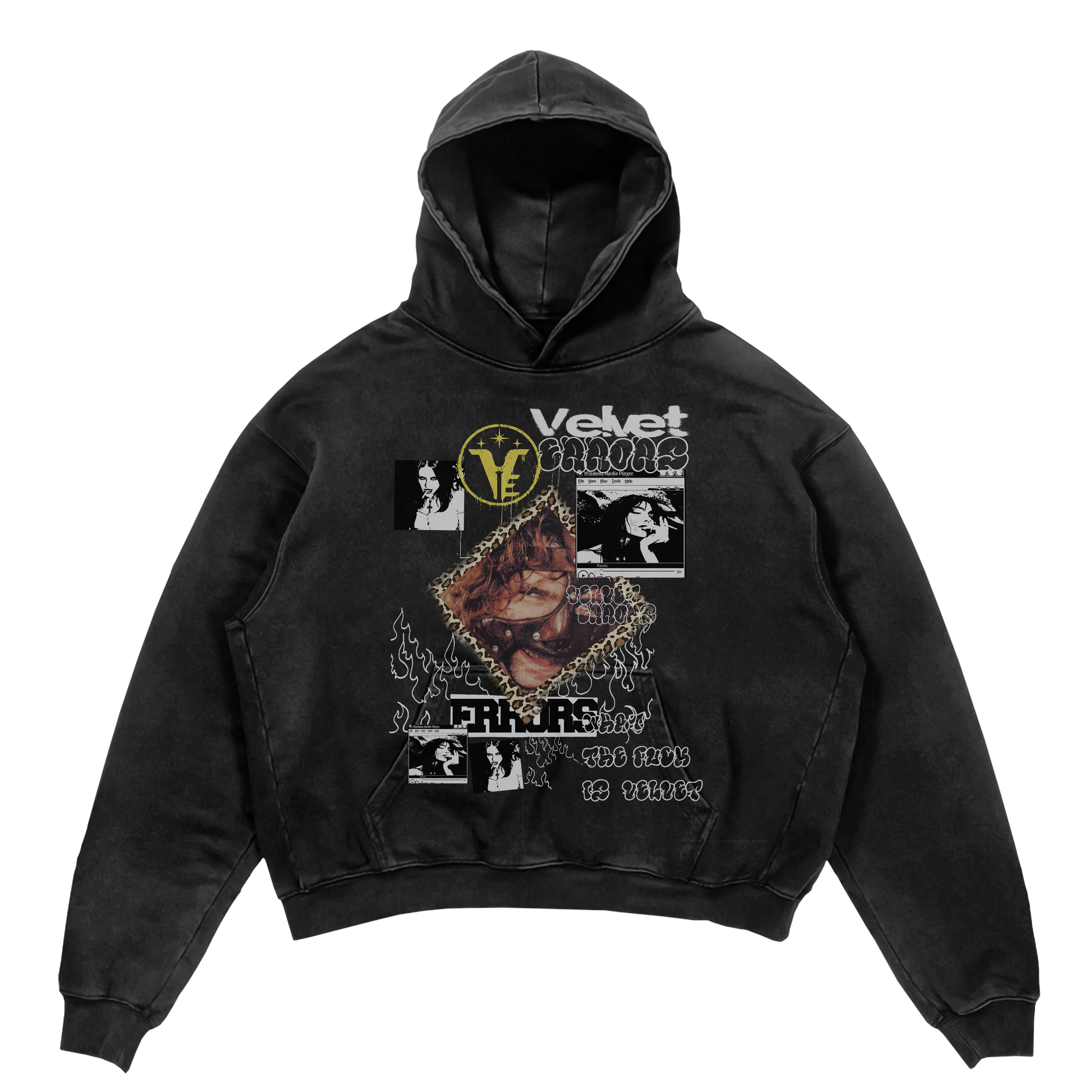 Black Feral Hoodie by Velvet Errors featuring a relaxed fit and bold graphic design on the front.