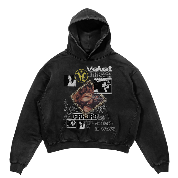 Black Feral Hoodie by Velvet Errors featuring a relaxed fit and bold graphic design on the front.