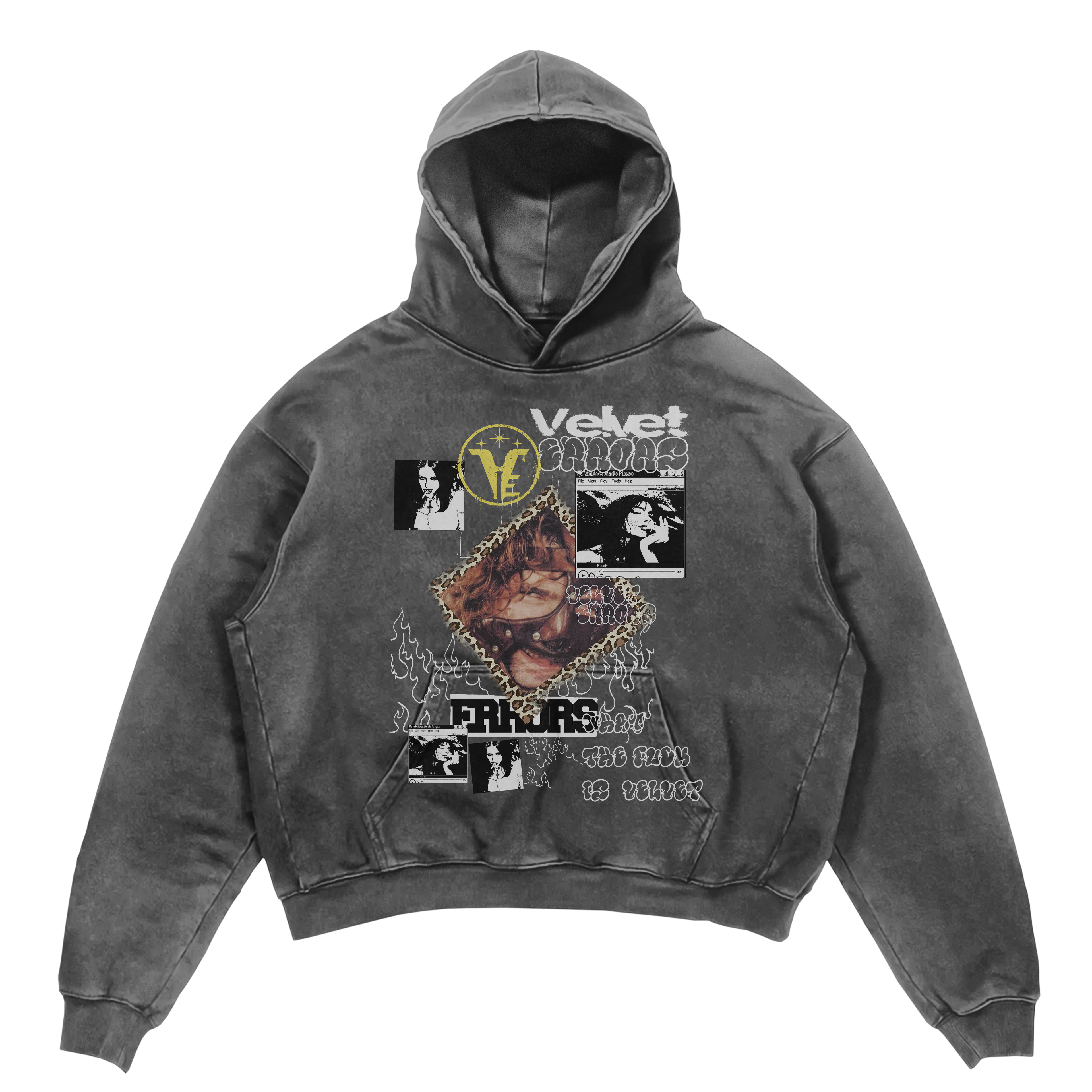 Gray Velvet Errors Feral Hoodie with front pocket and drawstrings, soft and comfortable casual wear for everyday style.