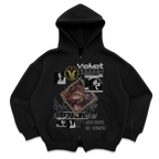 Black Velvet Errors Feral Zip Up hoodie with front zipper and adjustable drawstrings, showcasing a casual streetwear style.