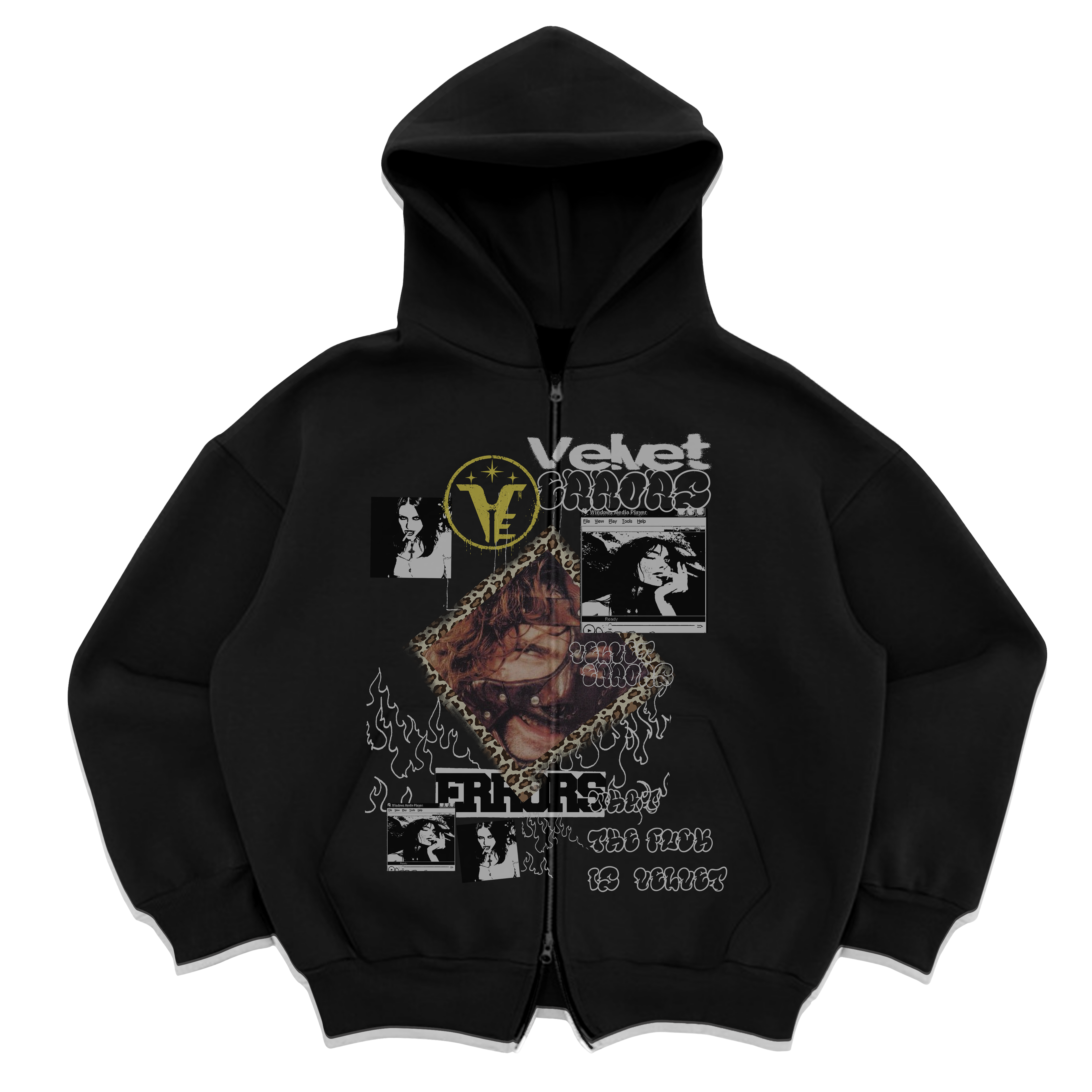 Black Velvet Errors Feral Zip Up hoodie with front zipper and adjustable drawstrings, showcasing a casual streetwear style.