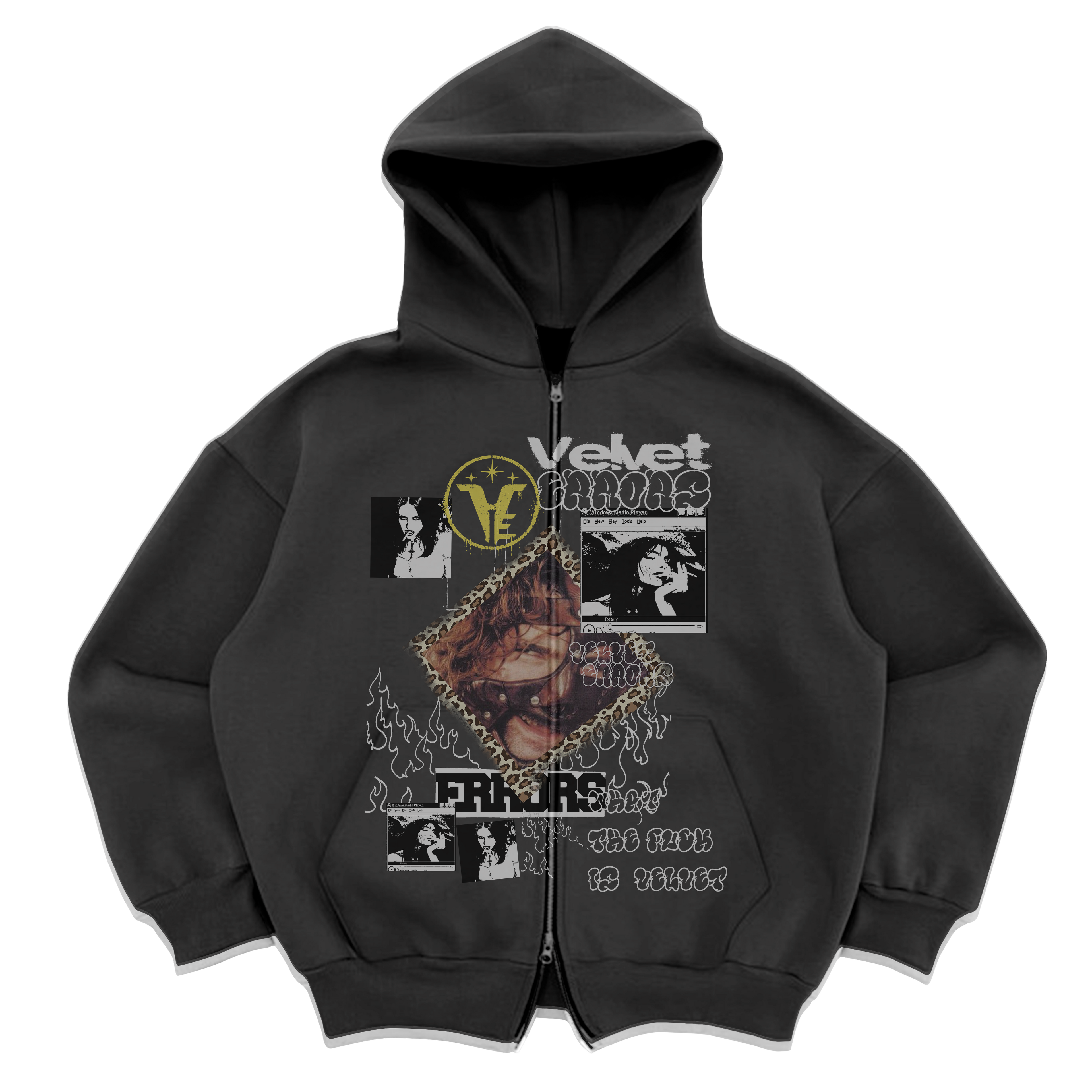 Gray Velvet Errors Feral Zip Up hoodie with front zipper and hood, casual streetwear style.