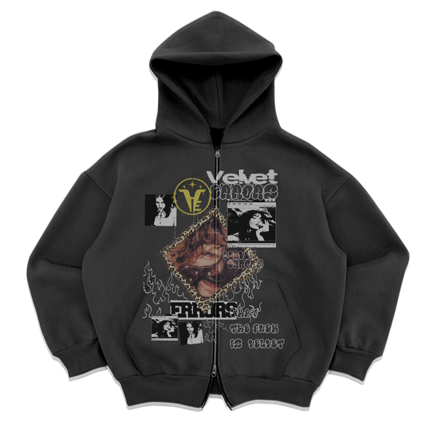 Gray Velvet Errors Feral Zip Up hoodie with front zipper and hood, casual streetwear style.