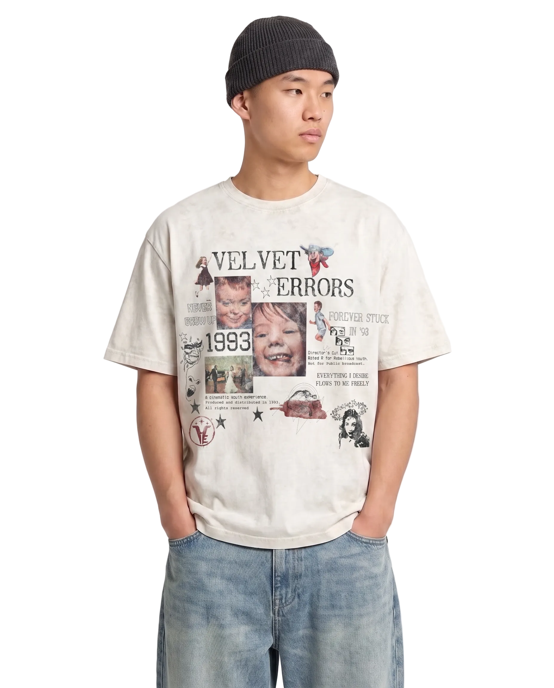 White Forever Stuck Wash Tee by Velvet Errors, displayed flat with front view featuring the graphic design and relaxed fit.