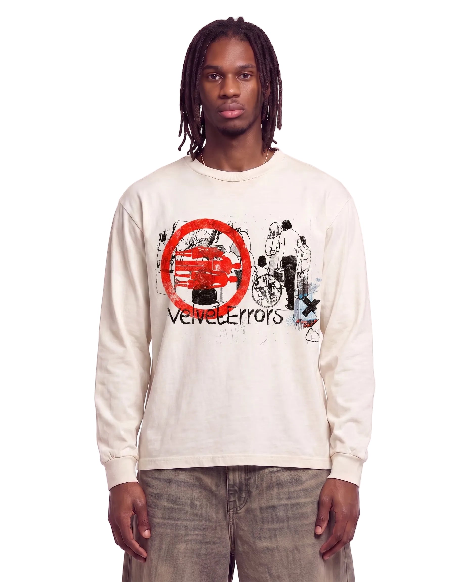Velvet Errors Fragments long sleeve shirt in white, featuring a relaxed fit and casual style, shown on a model.