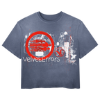 Blue Fragments Wash Tee by Velvet Errors, casual men's t-shirt with a distressed graphic design, shown on a white background.
