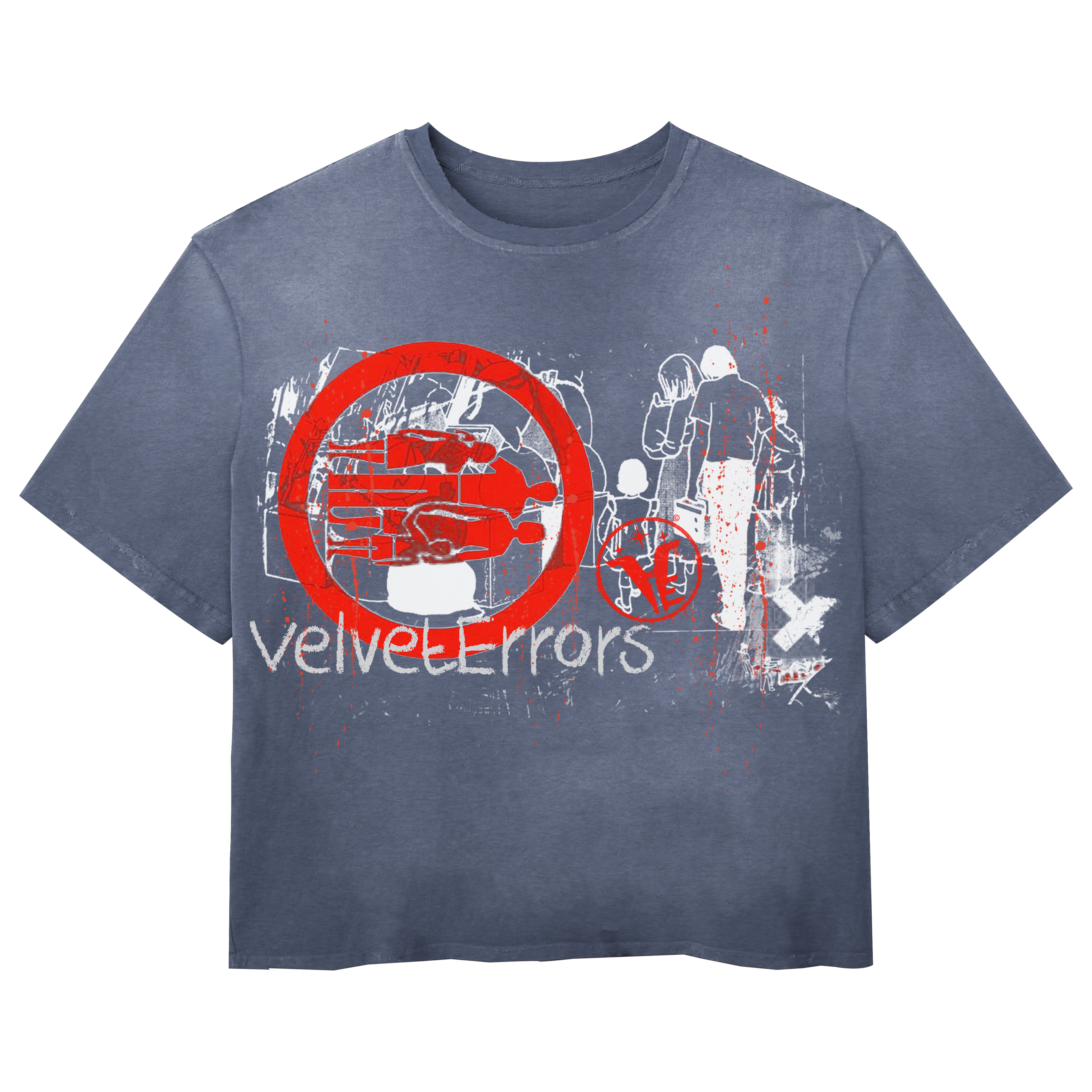 Blue Fragments Wash Tee by Velvet Errors, casual men's t-shirt with a distressed graphic design, shown on a white background.