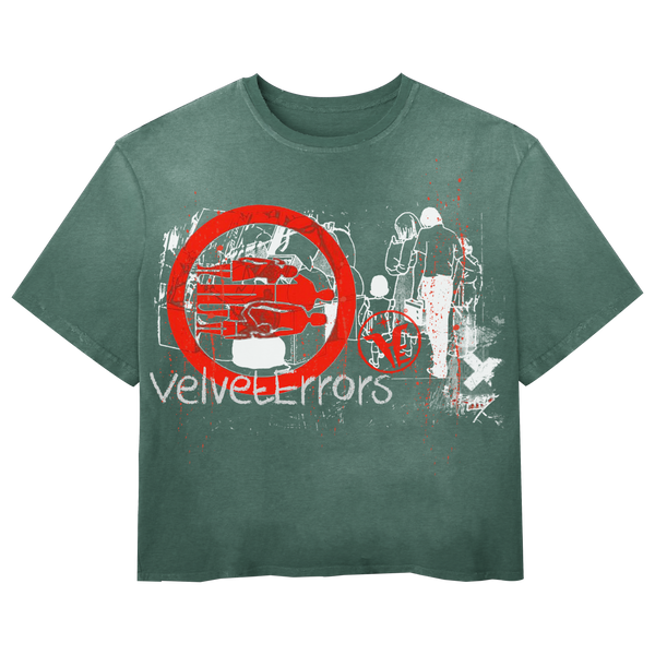 Green Fragments Wash Tee by Velvet Errors, featuring a casual crewneck design with distressed graphics on soft cotton fabric.