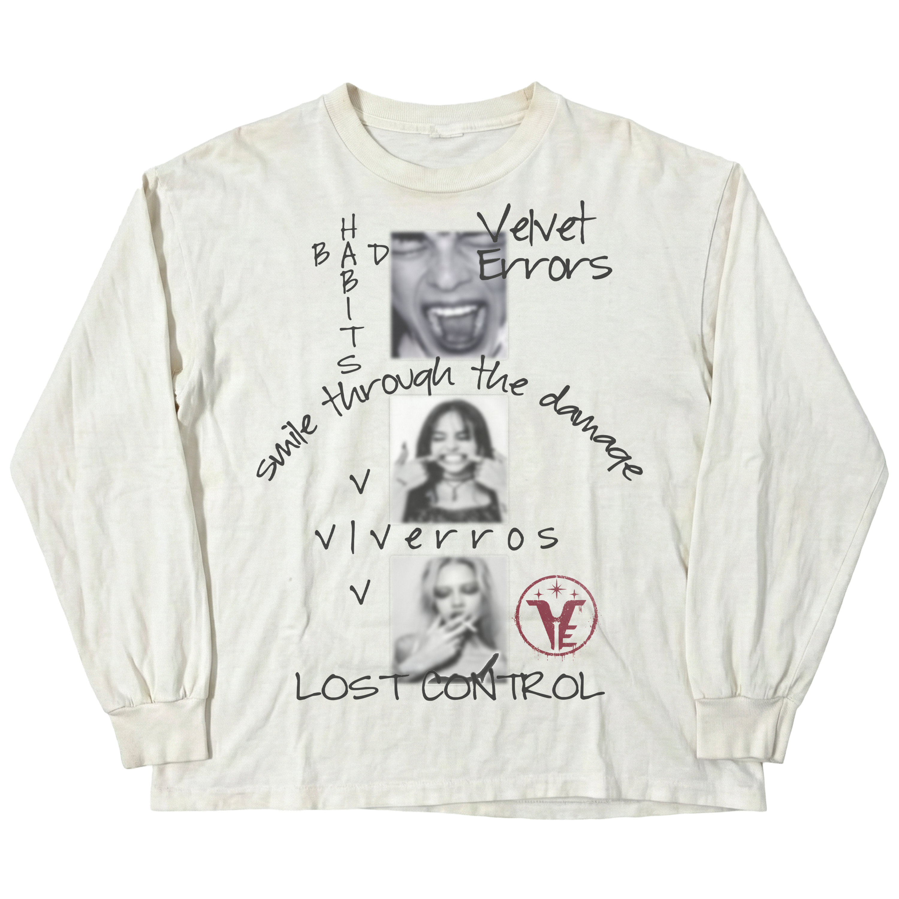 White Velvet Errors Lost Control long sleeve T-shirt with a relaxed fit, featuring bold graphic design on the front.