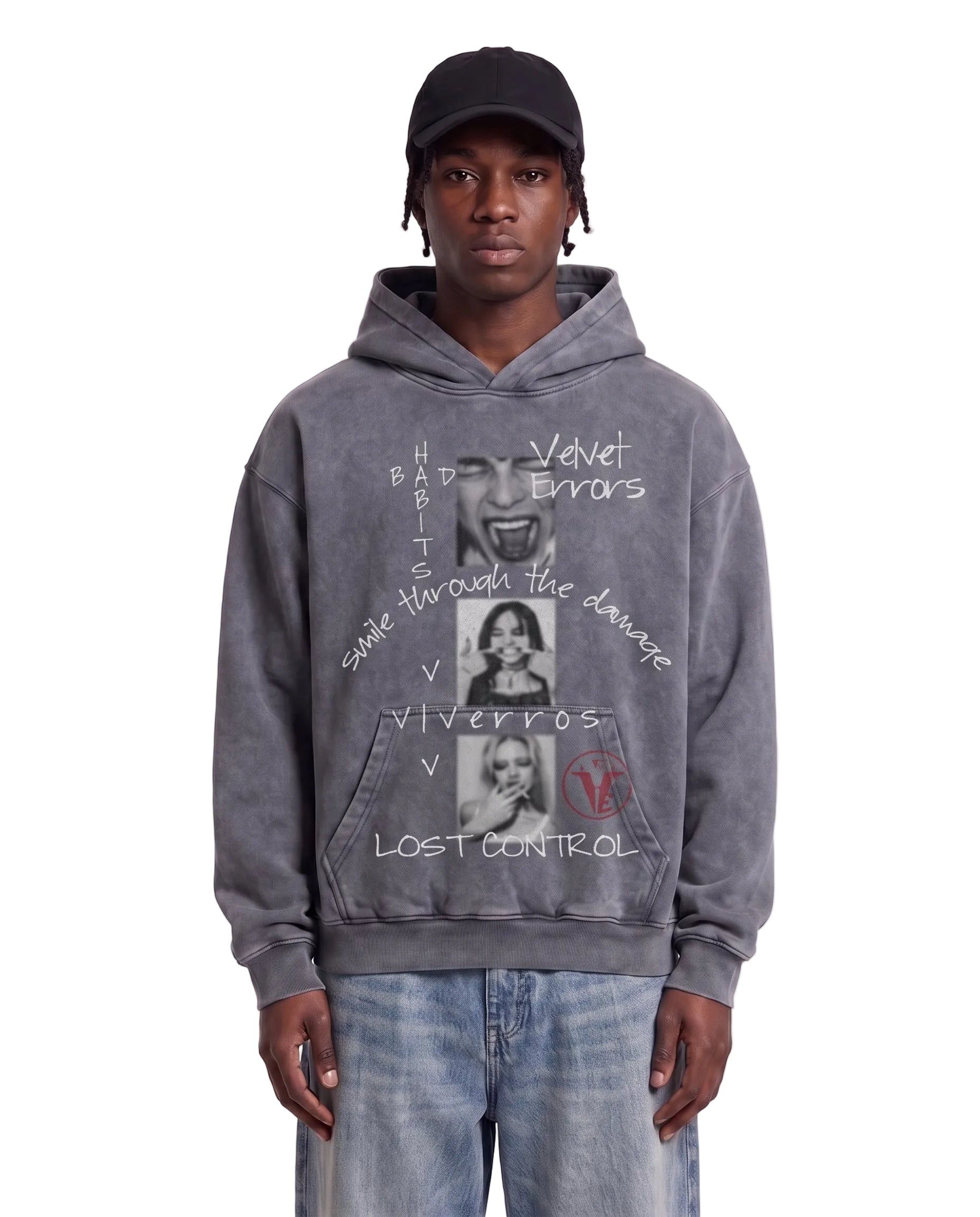 Gray Velvet Errors Lost Control Hoodie displayed on a person, showcasing its relaxed fit and casual style.