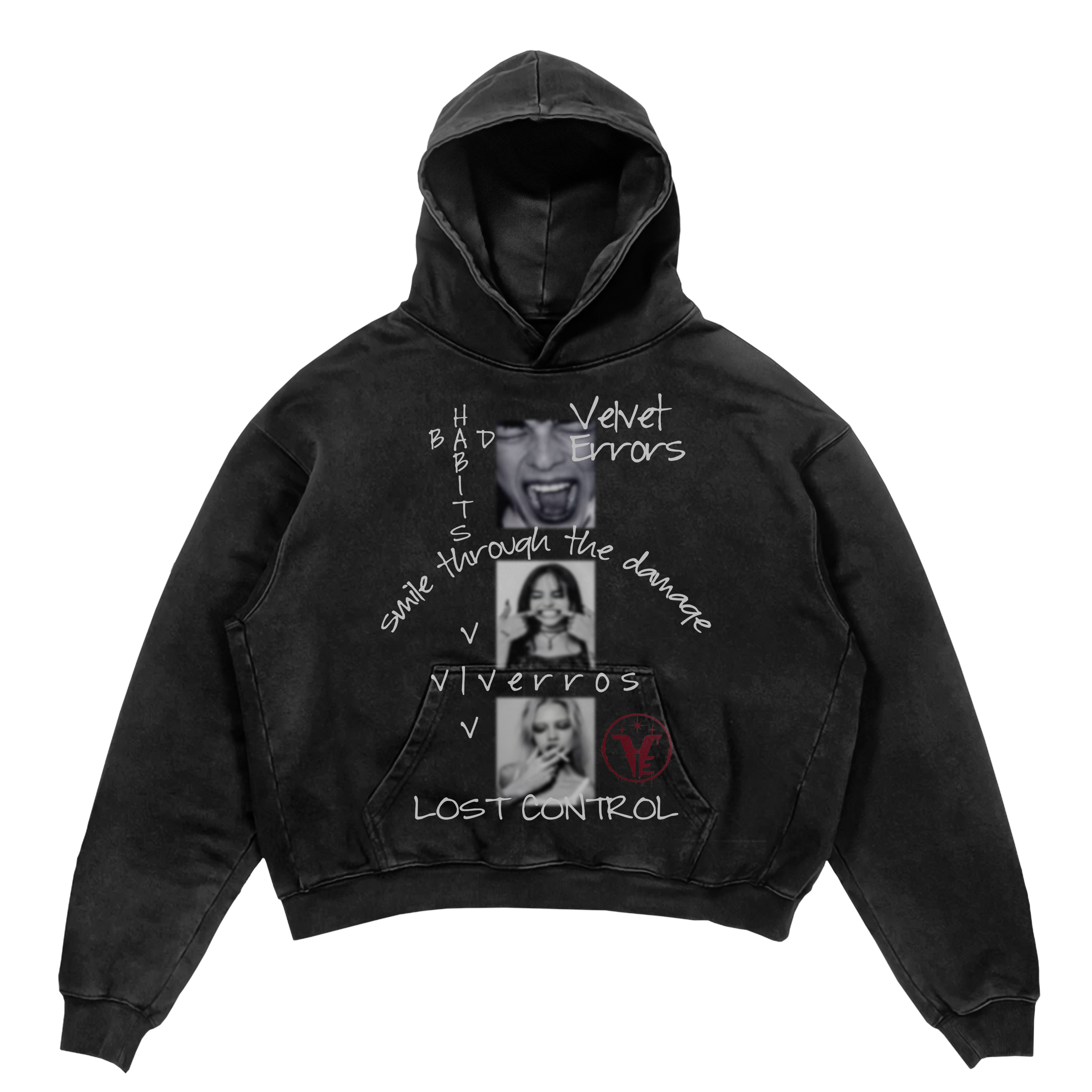 Black Lost Control hoodie by Velvet Errors featuring bold graphic design and comfortable hoodie style.