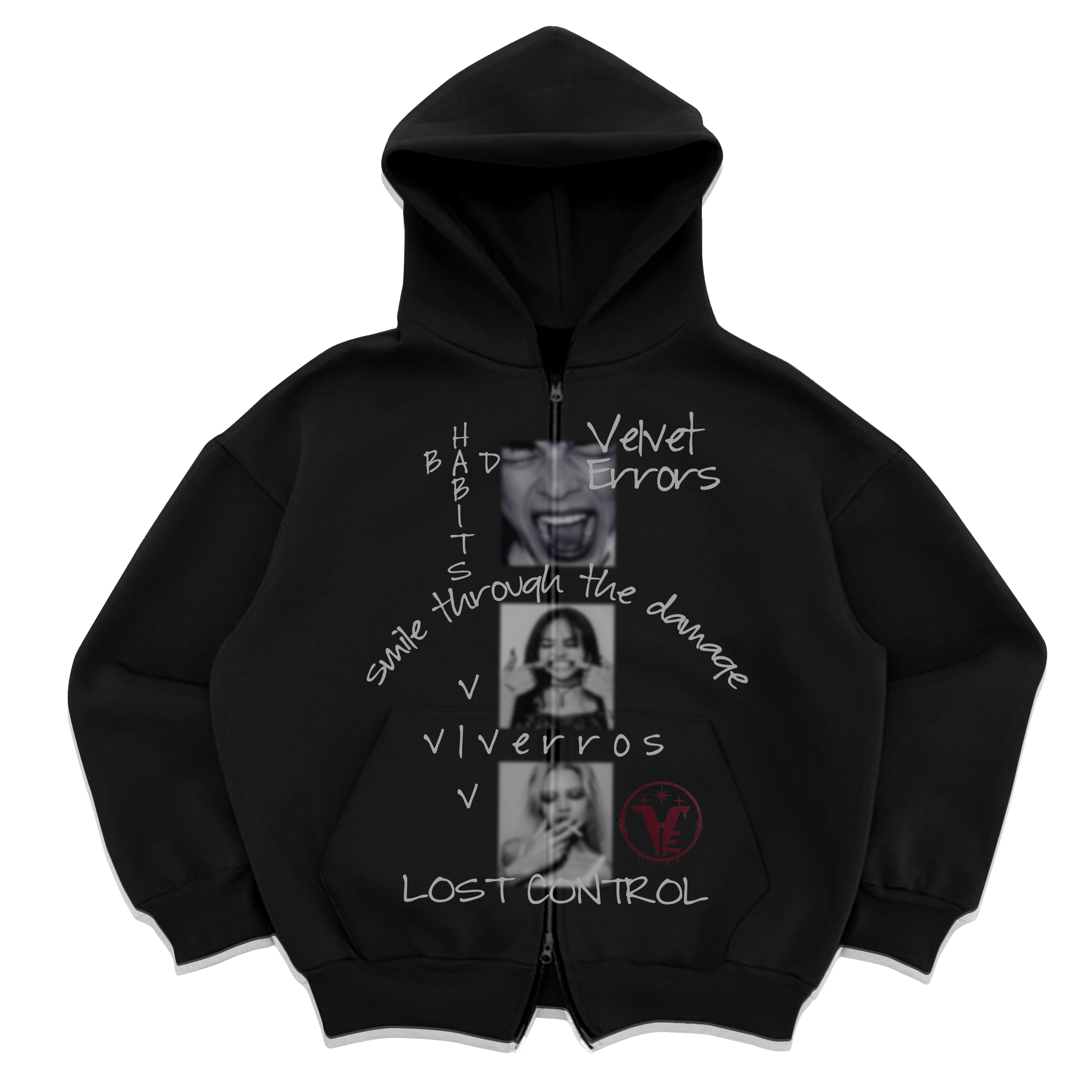 Black zip-up hoodie from Velvet Errors' New Zip Up Mocks collection, featuring a front zipper and casual style.