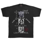 Black Lost Control T-shirt by Velvet Errors featuring a classic design, displayed flat with visible logo and fabric texture.