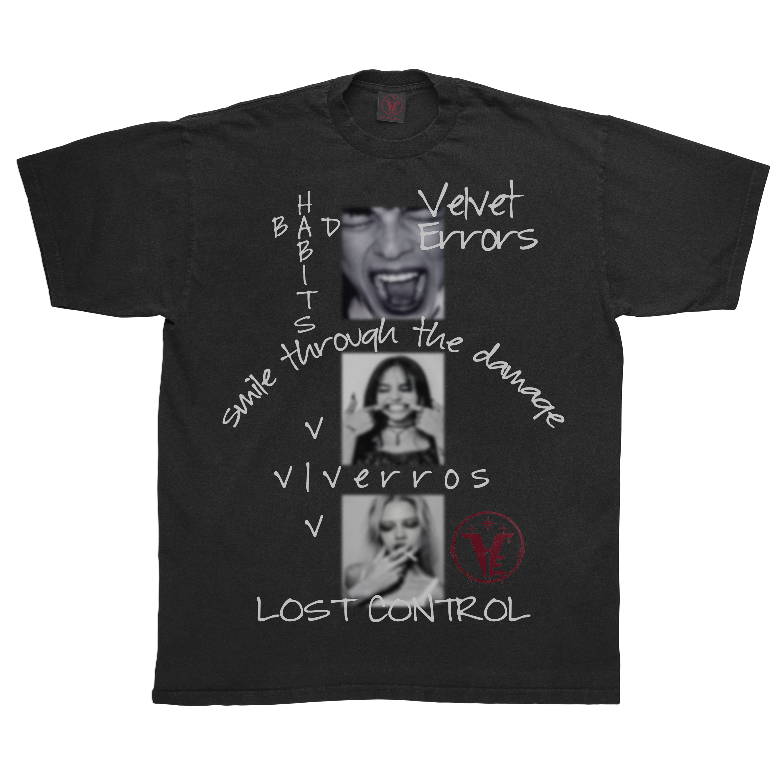 Black Lost Control T-shirt by Velvet Errors featuring a classic design, displayed flat with visible logo and fabric texture.