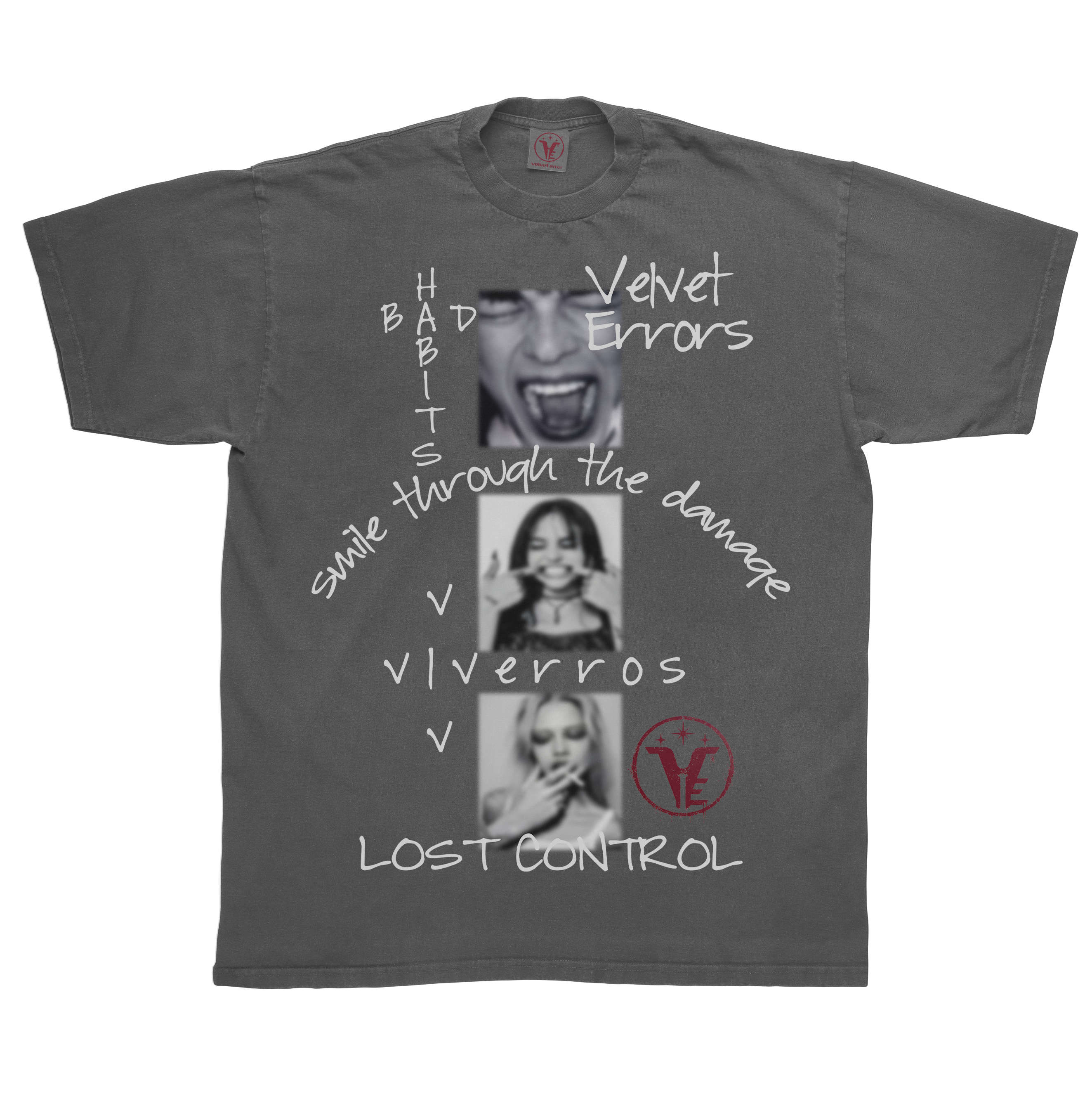 Gray Lost Control T-shirt by Velvet Errors featuring bold graphic design on the front for a stylish casual look.