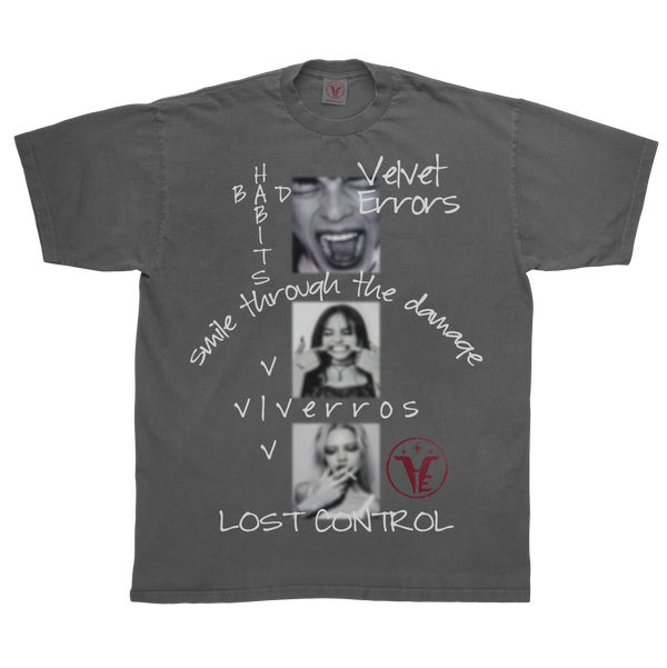 Gray Lost Control T-shirt by Velvet Errors featuring bold graphic design on the front for a stylish casual look.