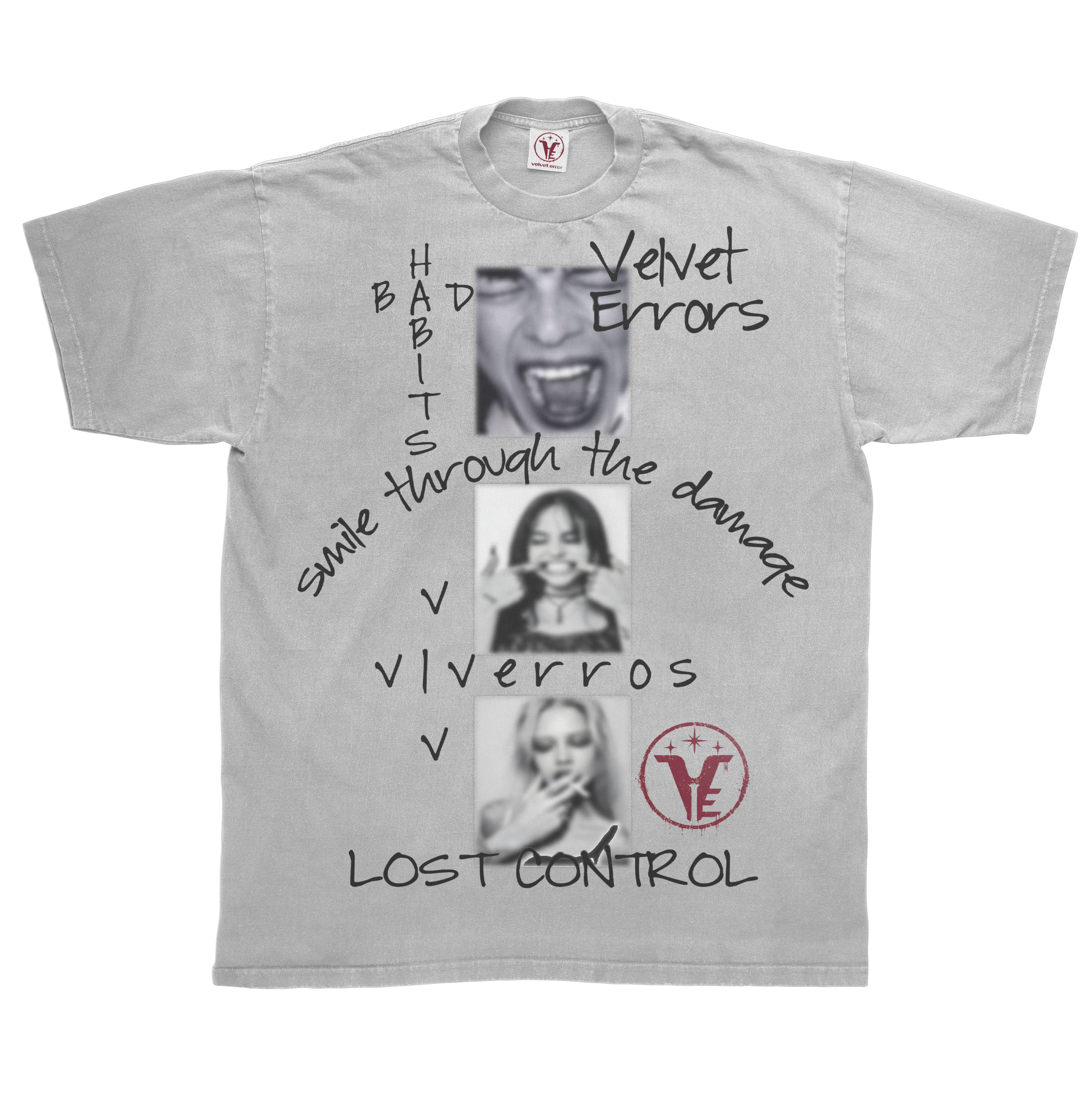 White Lost Control T-shirt by Velvet Errors with graphic design on front, casual fit, and soft fabric.