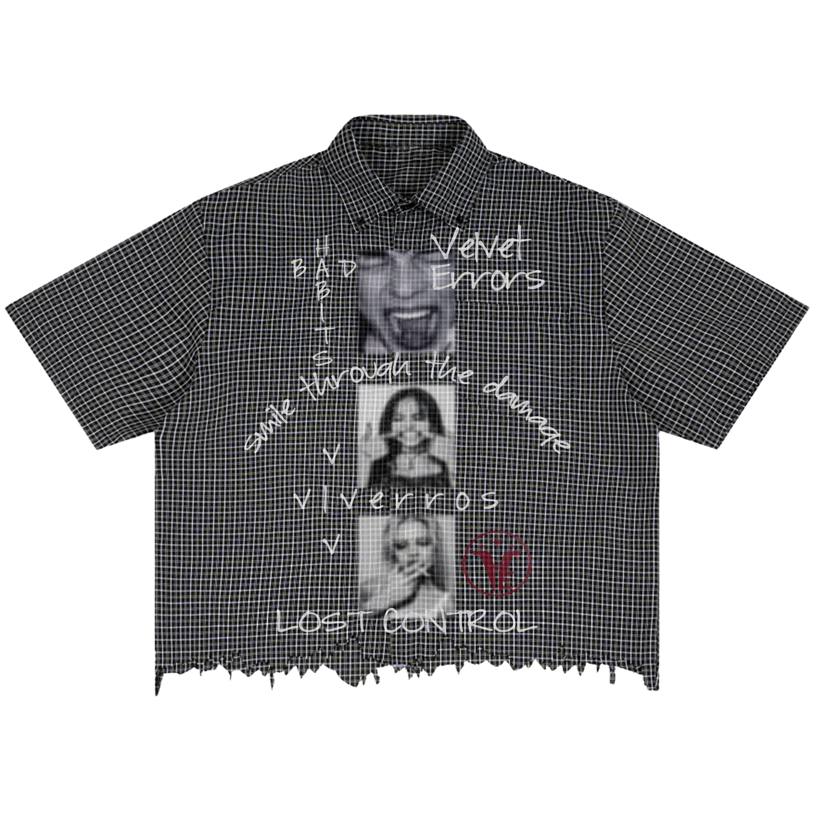 Velvet Errors Lost Control Distress Button Up shirt with distressed design, long sleeves, and casual fit on model.