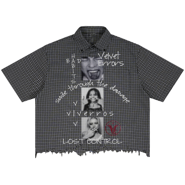 Velvet Errors Lost Control Distress Button Up shirt with distressed design, long sleeves, and casual fit on model.