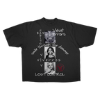 Black Lost Control Drop Tee by Velvet Errors displayed on a hanger with a casual streetwear style.