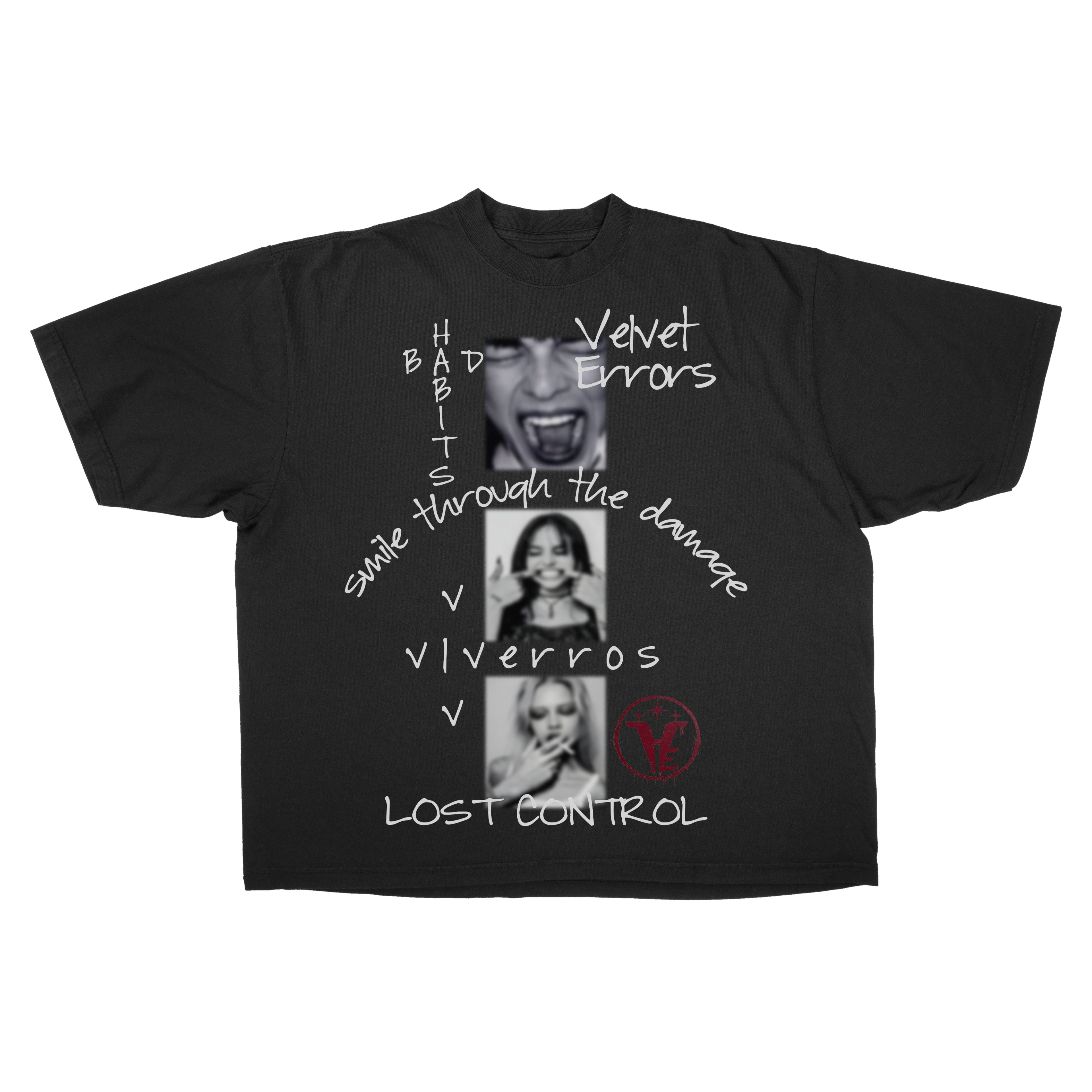Black Lost Control Drop Tee by Velvet Errors displayed on a hanger with a casual streetwear style.