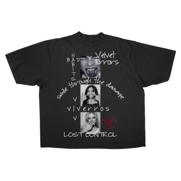 Black Lost Control Drop Tee by Velvet Errors displayed on a hanger with a casual streetwear style.