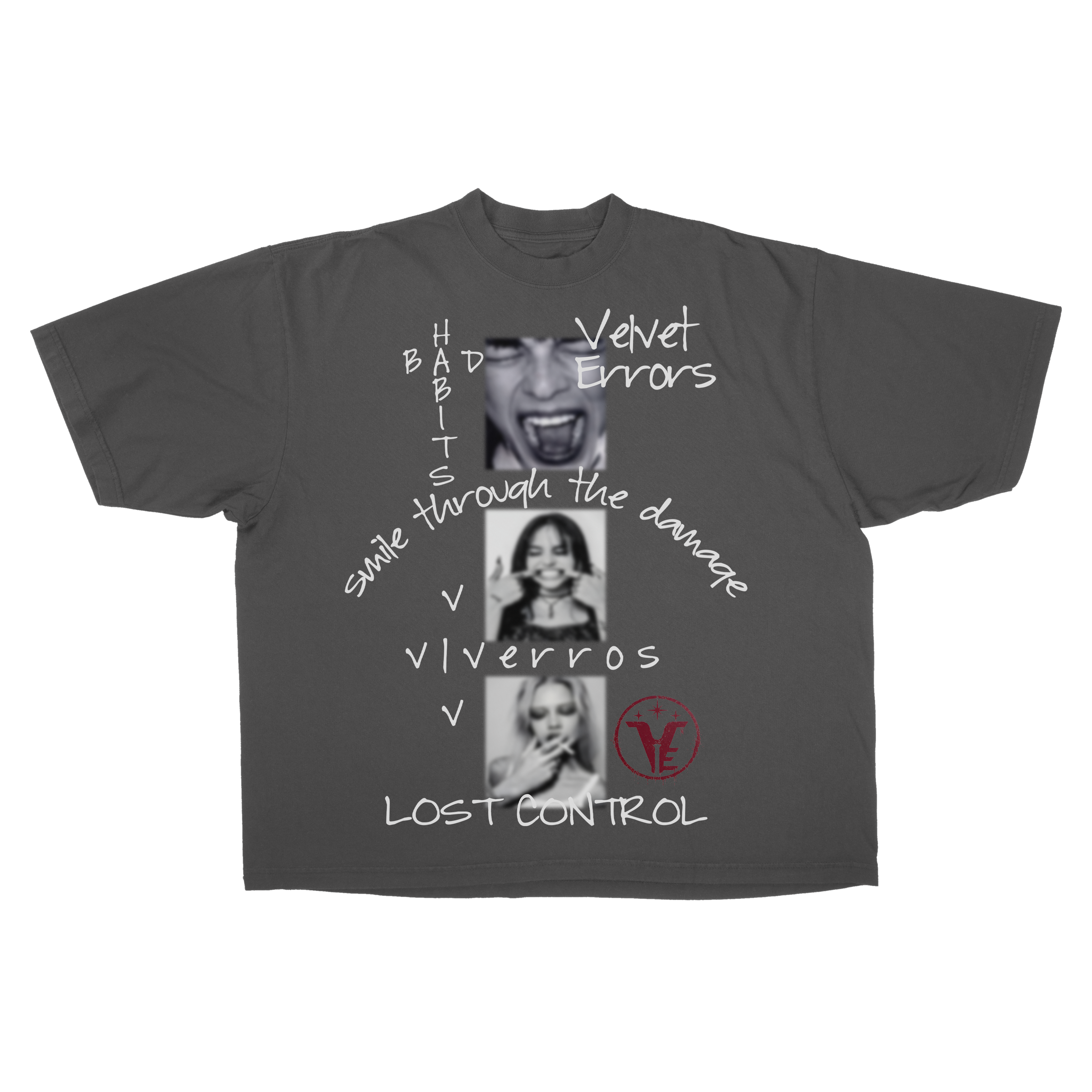 Gray Lost Control Drop Tee by Velvet Errors featuring a relaxed fit and graphic print on the front.