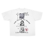 White Lost Control Drop Tee by Velvet Errors displayed on a hanger, featuring bold graphic design on soft cotton fabric.