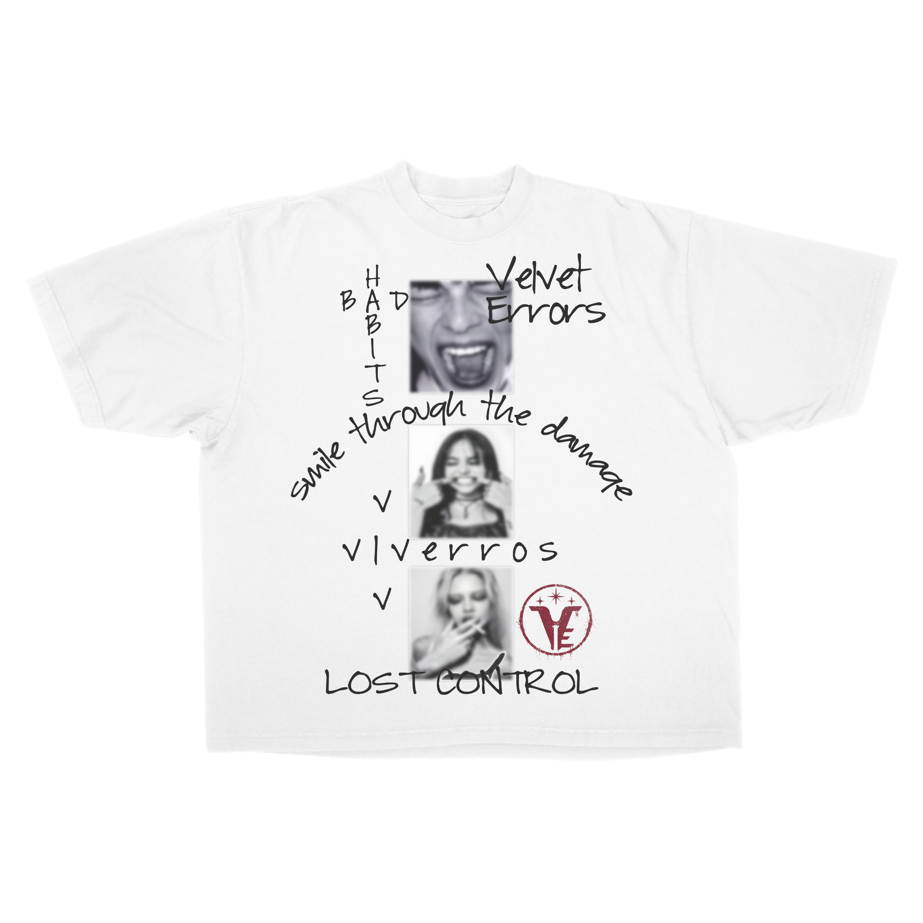 White Lost Control Drop Tee by Velvet Errors displayed on a hanger, featuring bold graphic design on soft cotton fabric.