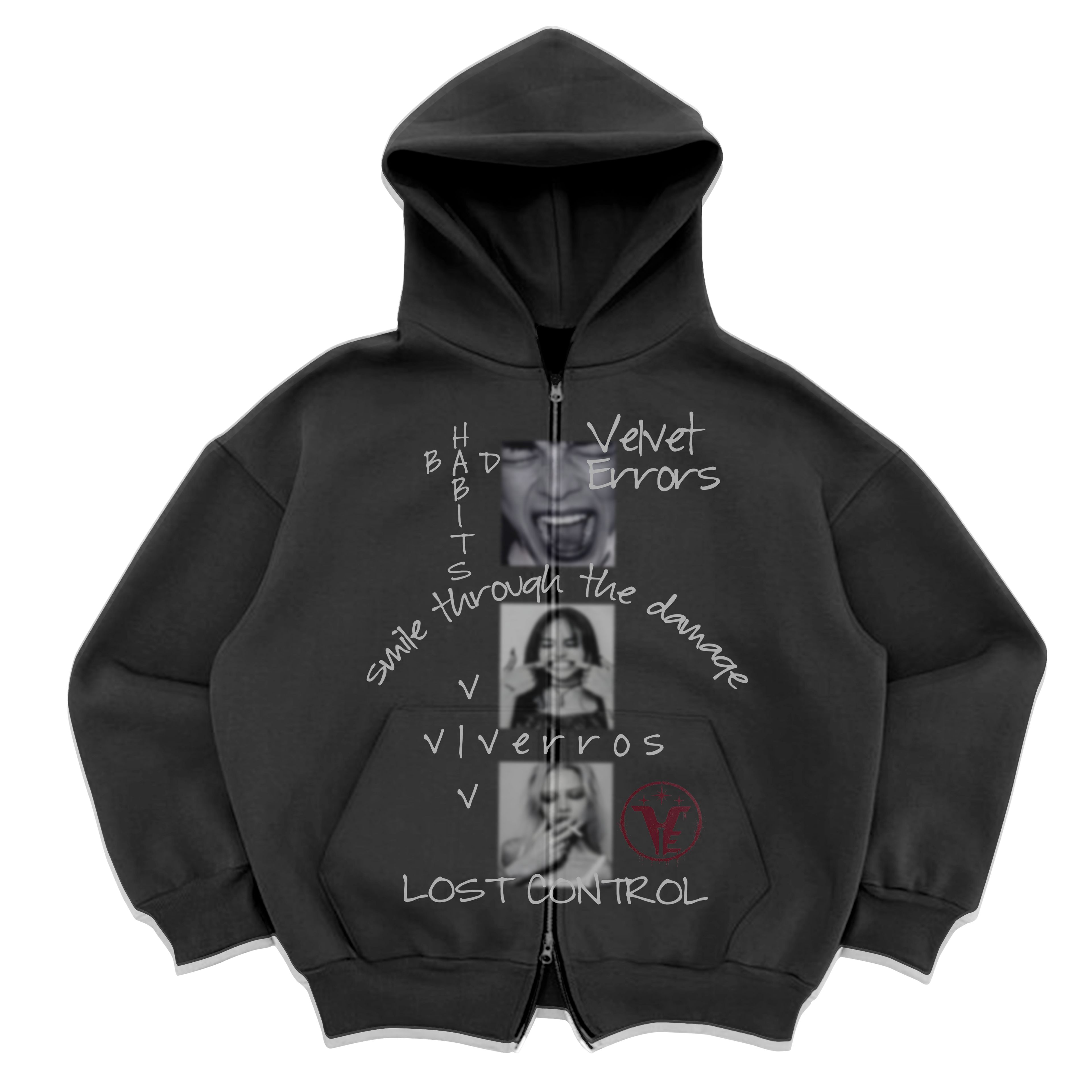 Gray zip-up hoodie from Velvet Errors with mock design, featuring a casual fit and front zipper detail.