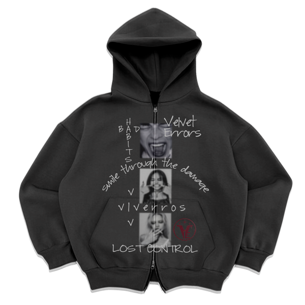 Gray zip-up hoodie from Velvet Errors with mock design, featuring a casual fit and front zipper detail.
