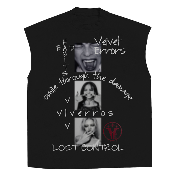 Black Lost Control sleeveless tee by Velvet Errors, featuring a casual fit and bold graphic design on the front.