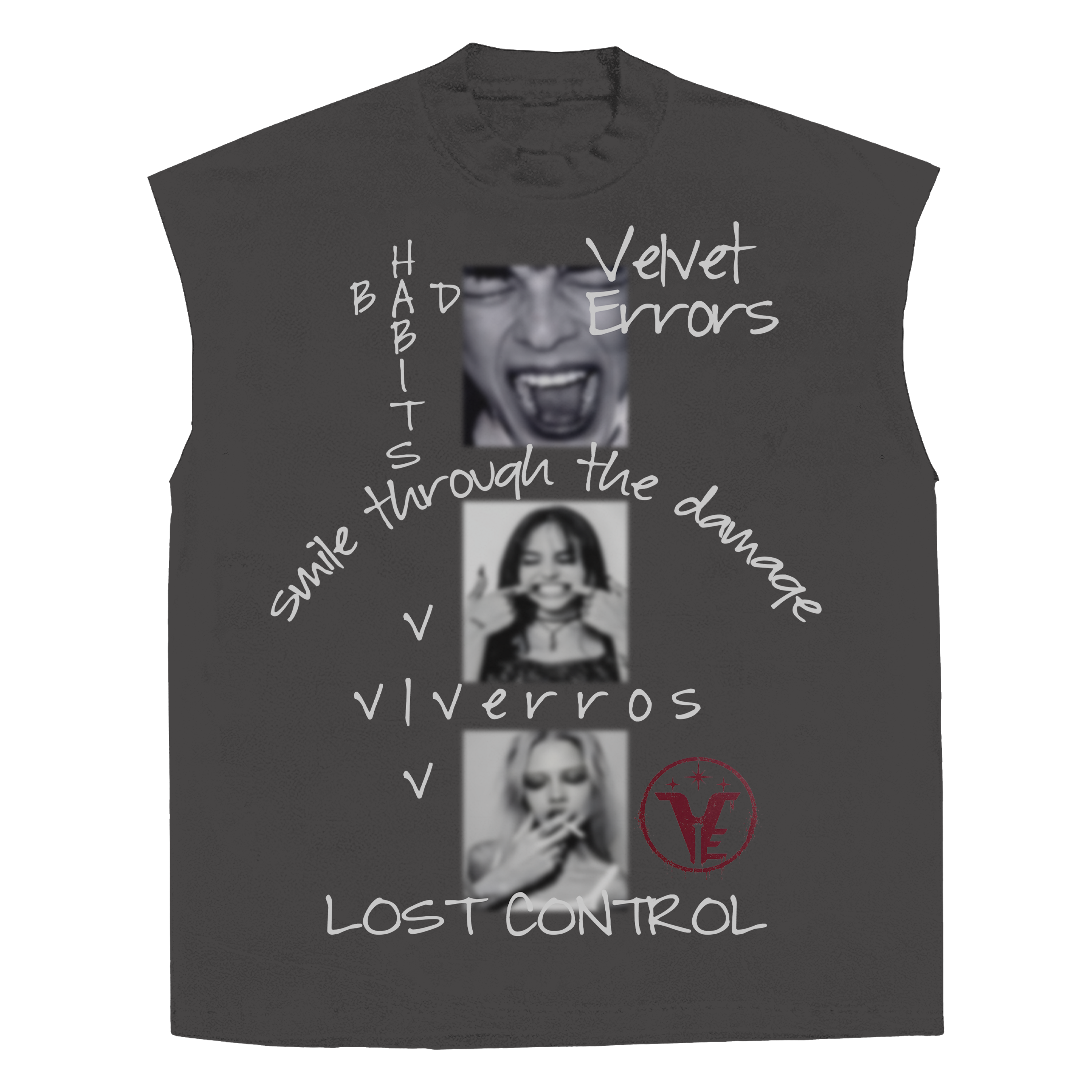 Gray sleeveless tee by Velvet Errors with a relaxed fit, featuring the Lost Control design on the front.