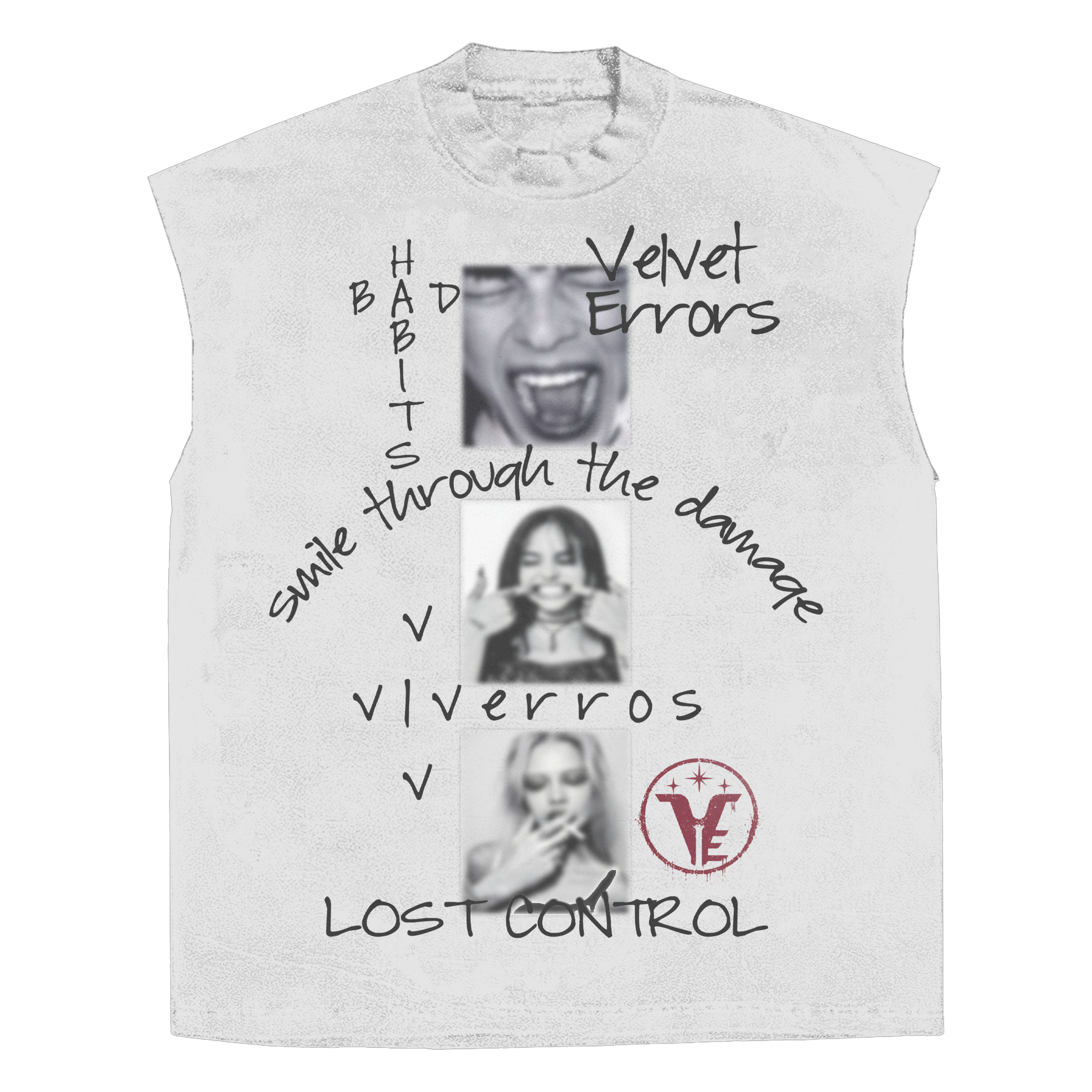 White sleeveless Lost Control tee by Velvet Errors, featuring a casual fit and minimalist design.