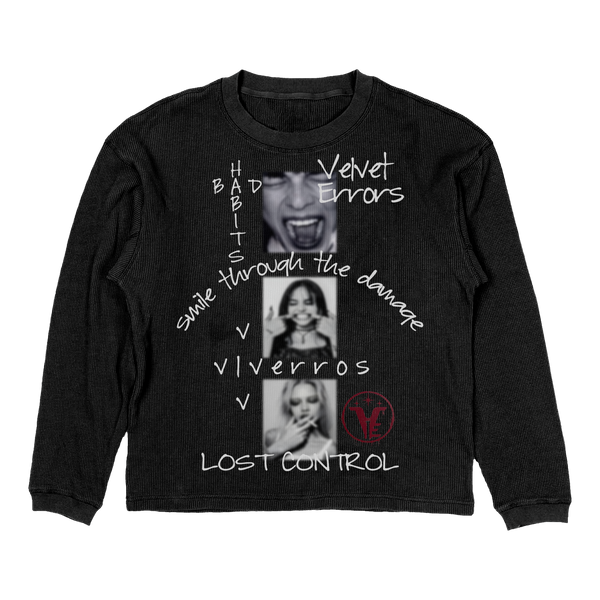 Black Lost Control Thermal by Velvet Errors, close-up of the fabric showcasing its textured, cozy thermal material.