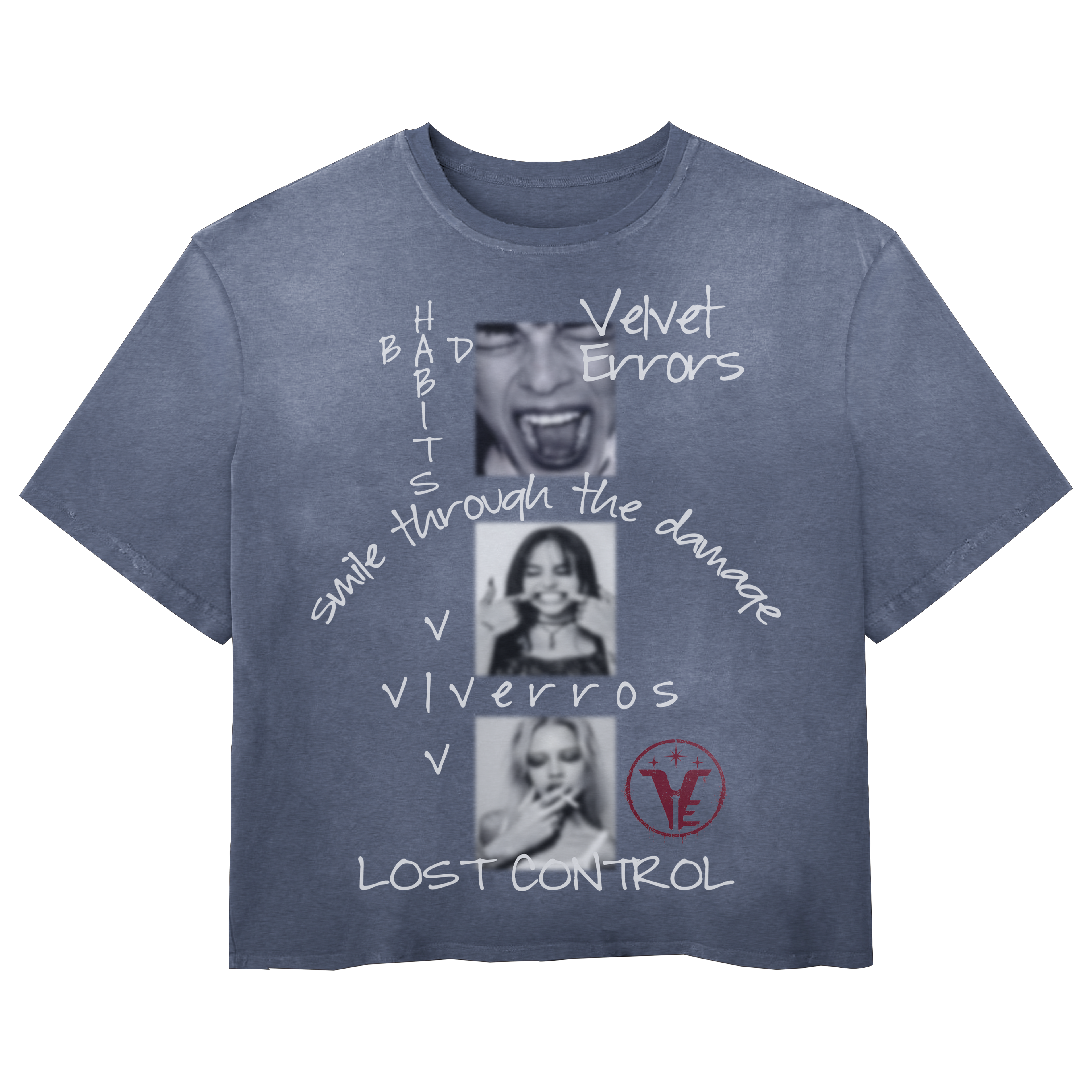 Blue Lost Control Wash Tee by Velvet Errors featuring a casual fit and distressed graphic design on soft cotton fabric.