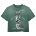 Green Lost Control Wash Tee by Velvet Errors displayed on a hanger with a close-up of the graphic design and fabric texture.