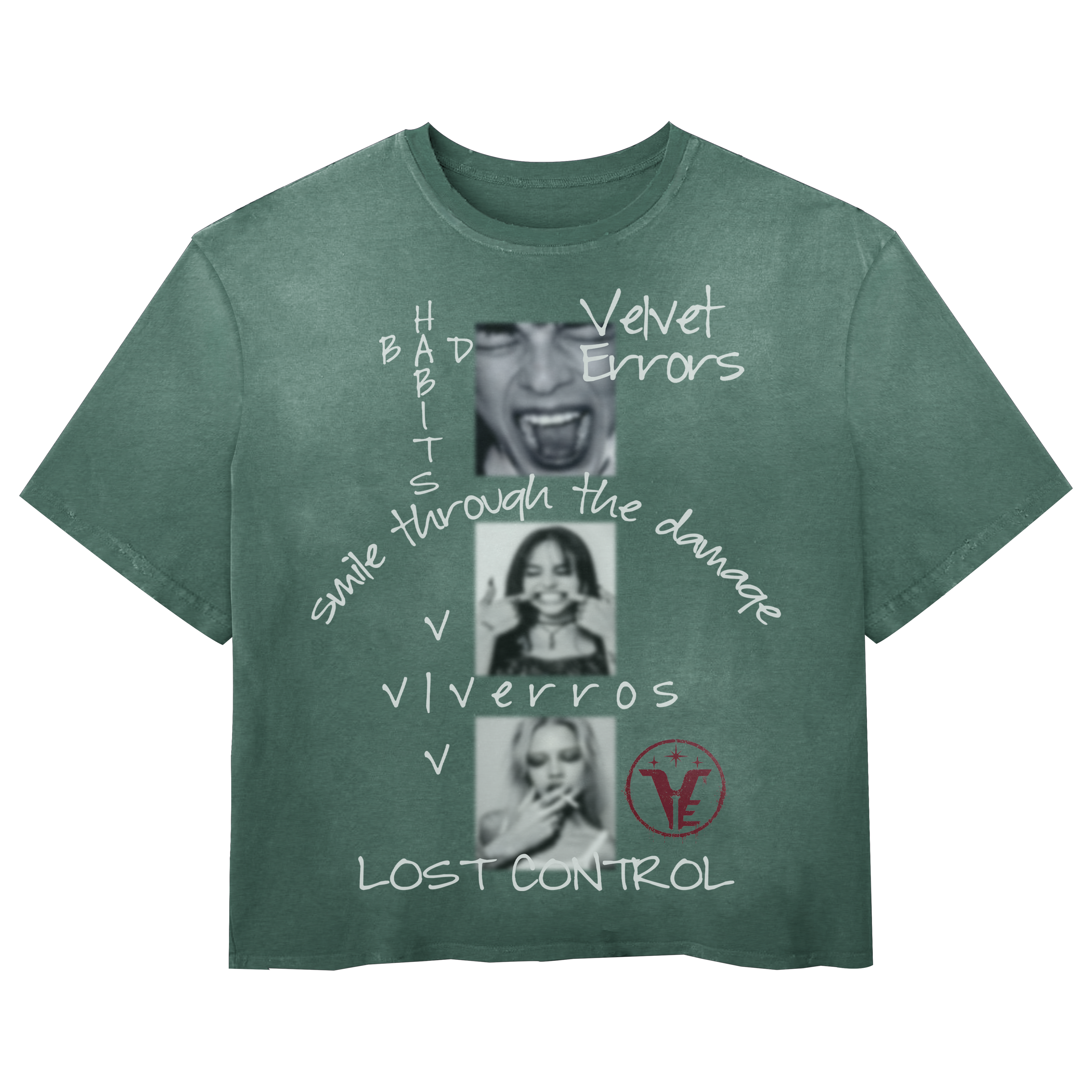 Green Lost Control Wash Tee by Velvet Errors displayed on a hanger with a close-up of the graphic design and fabric texture.