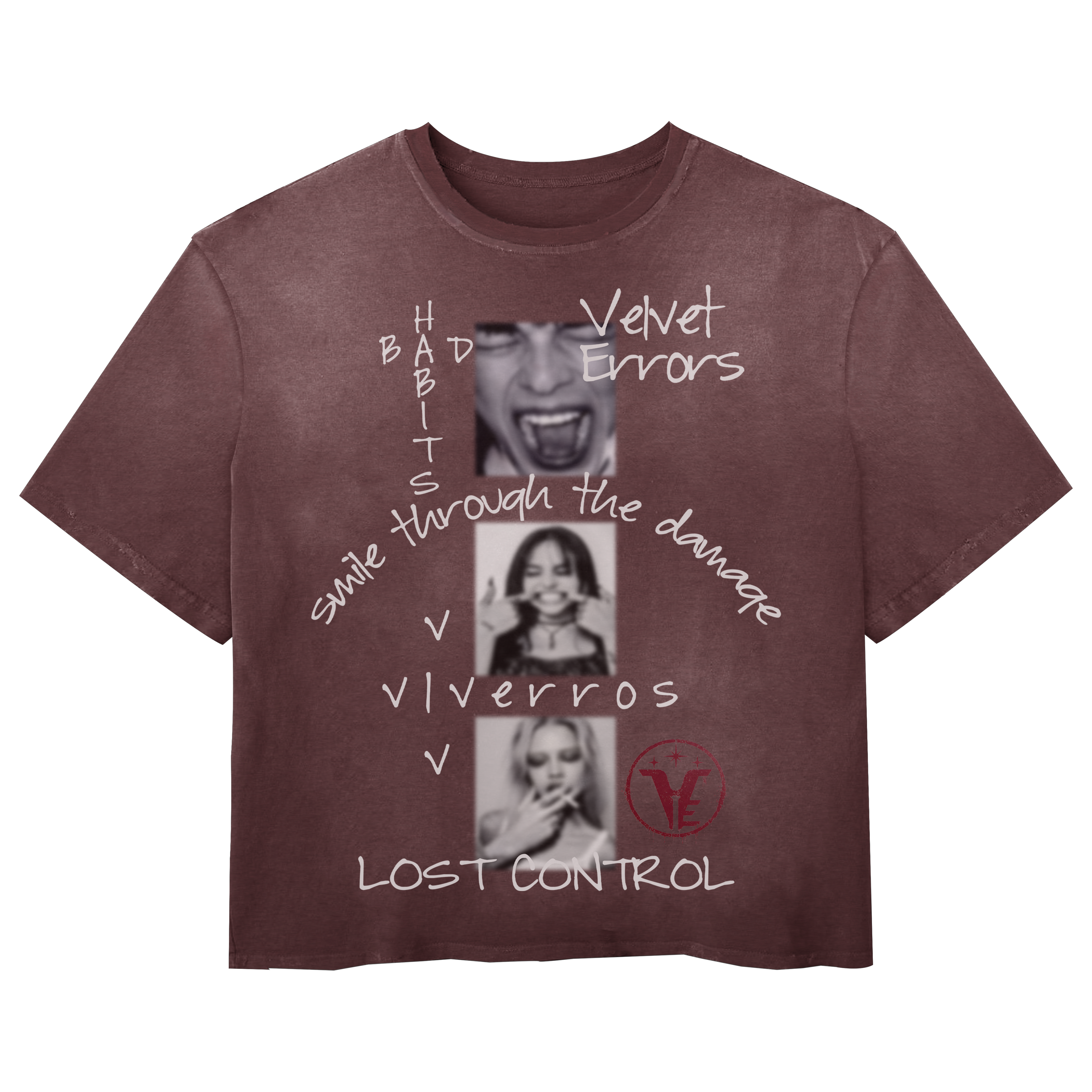 Red Lost Control Wash Tee by Velvet Errors, featuring distressed graphic design on soft cotton fabric.