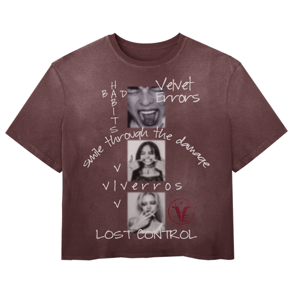 Red Lost Control Wash Tee by Velvet Errors, featuring distressed graphic design on soft cotton fabric.