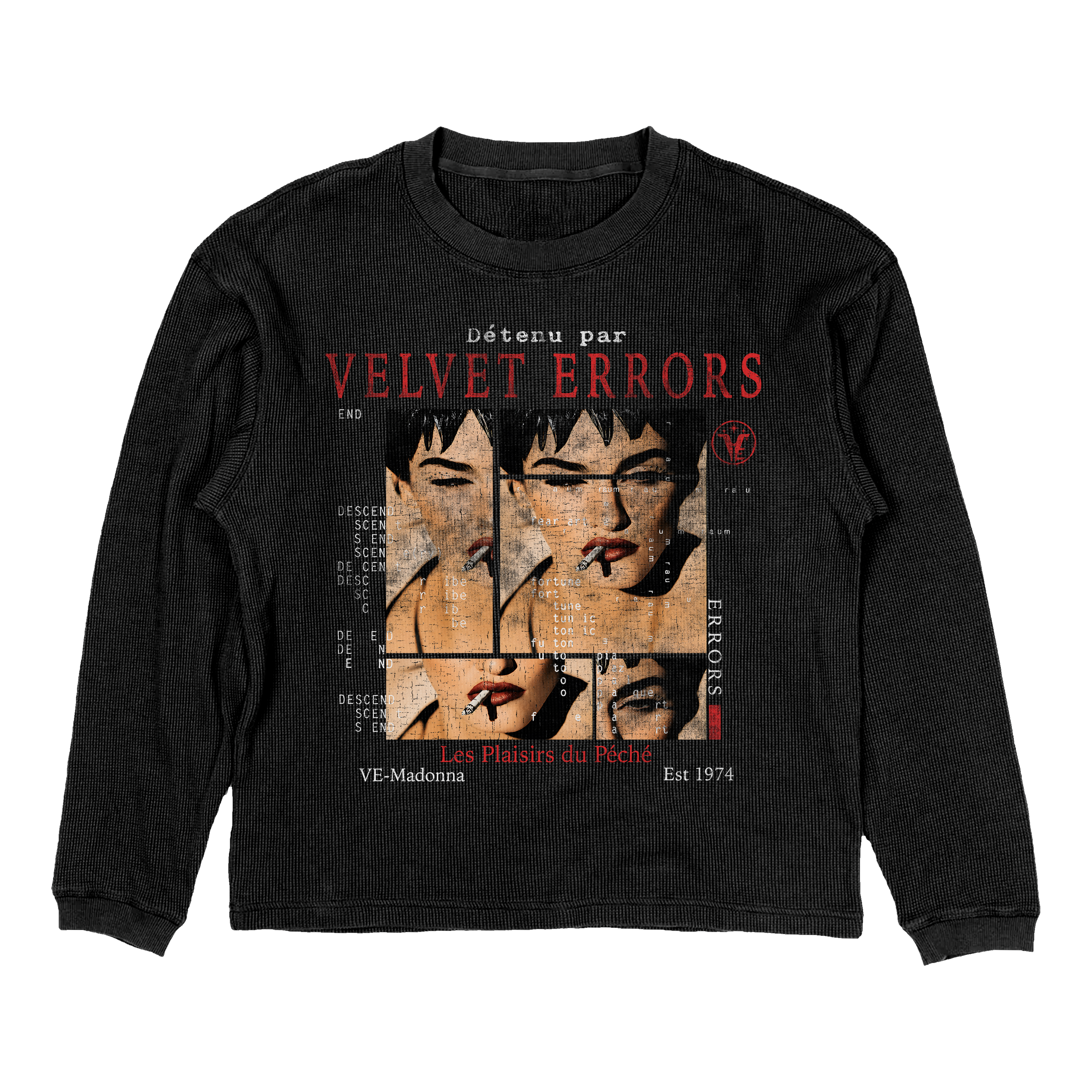Velvet Errors thermal new mocks featuring black Madonnablack design, showcasing detailed fabric textures and pattern.