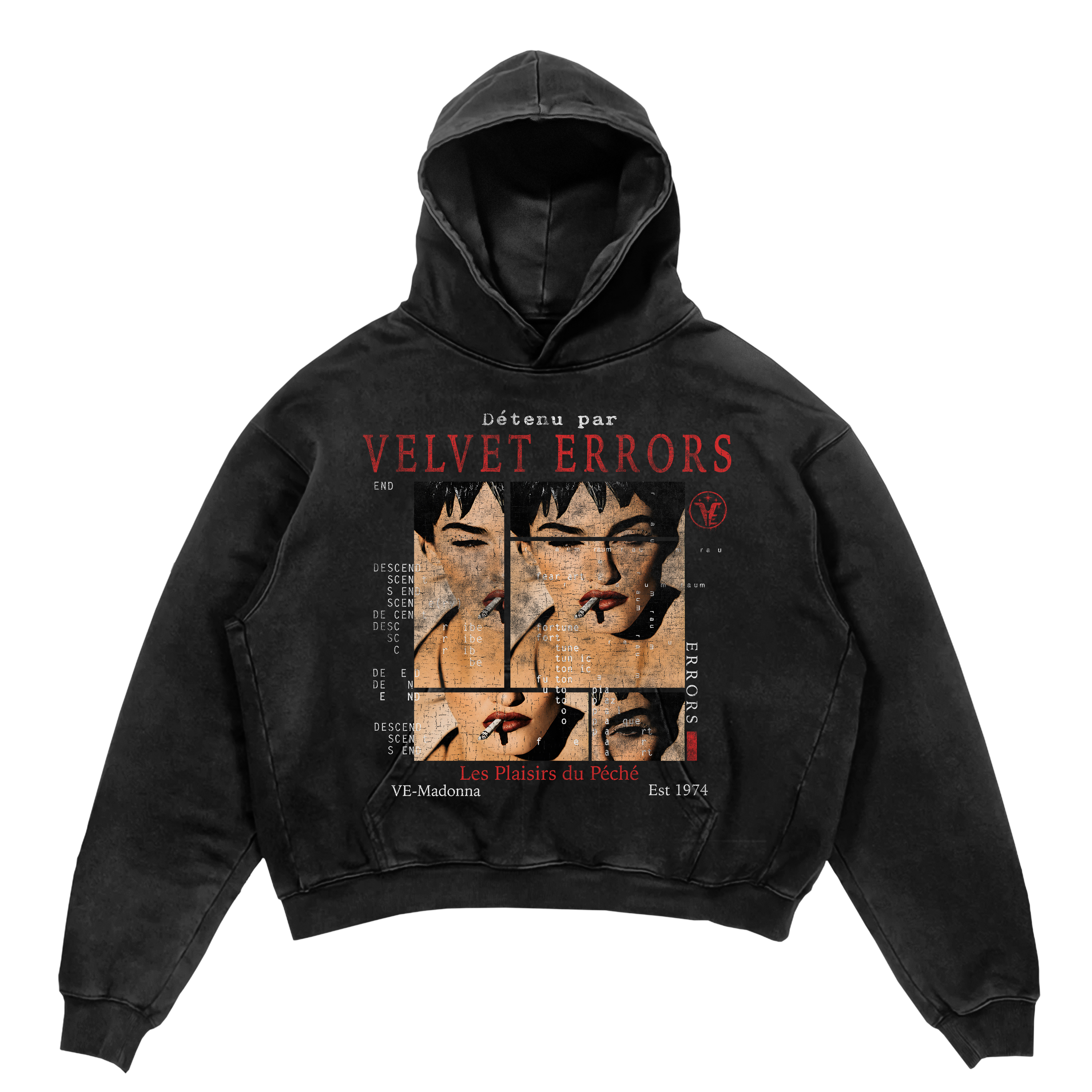 Black Madonna hoodie by Velvet Errors featuring a bold graphic print on the front.