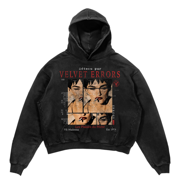 Black Madonna hoodie by Velvet Errors featuring a bold graphic print on the front.