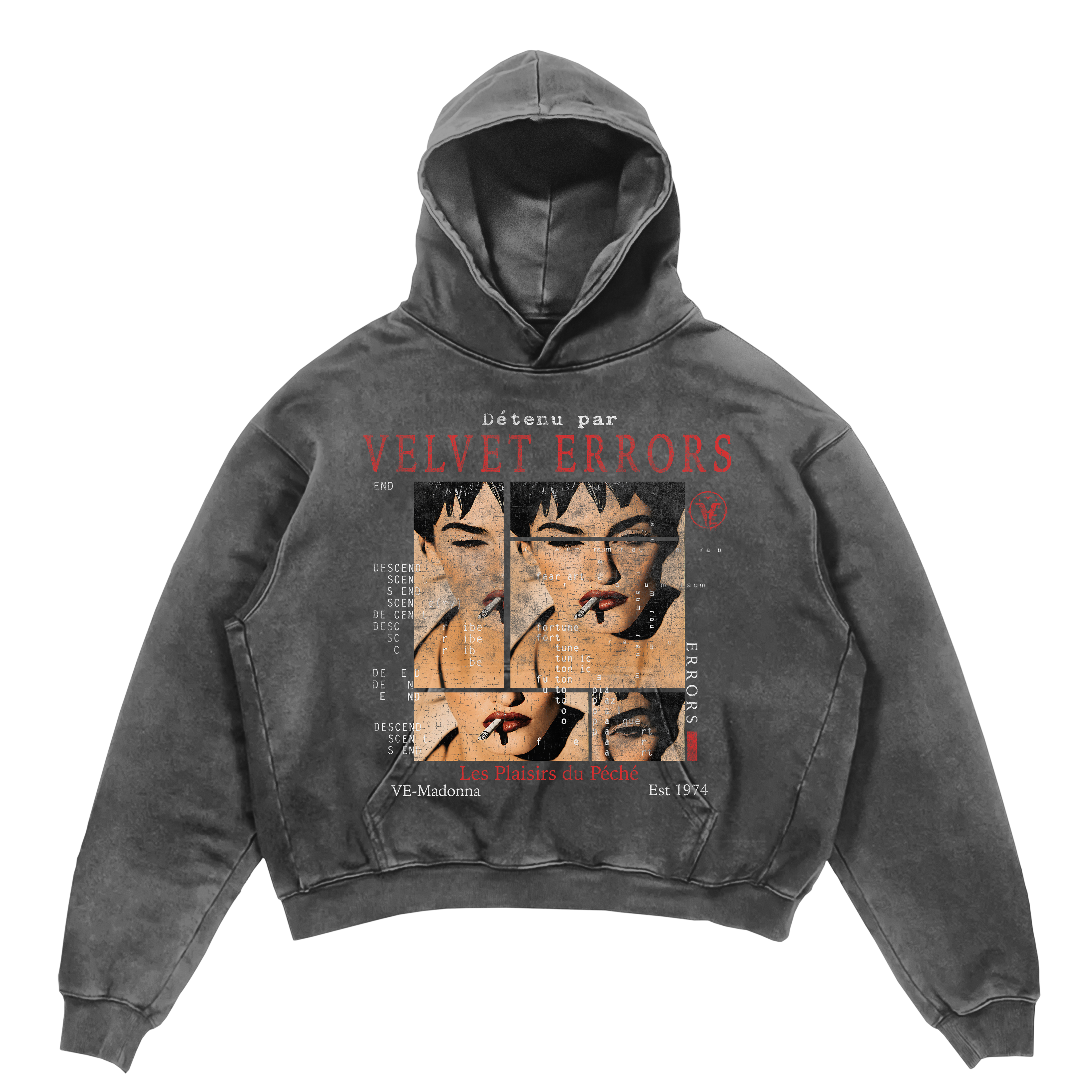 Gray Madonna hoodie by Velvet Errors featuring a graphic Madonna print on the front.