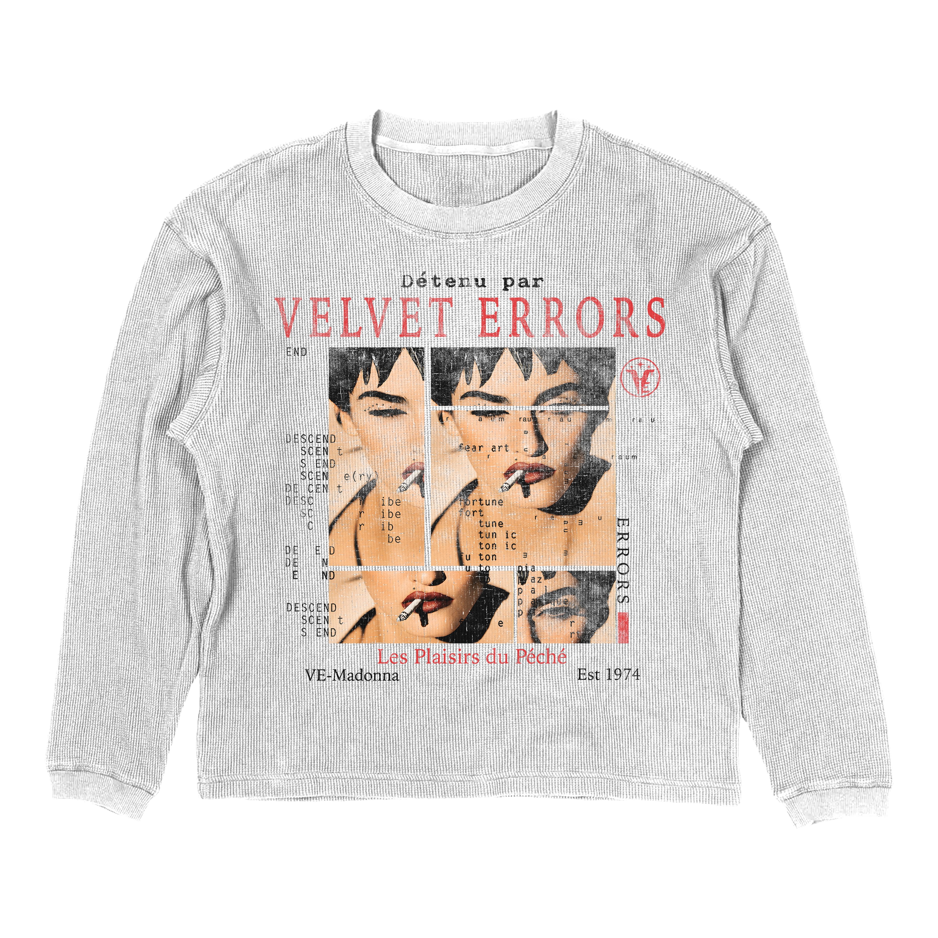 Velvet Errors thermal mockup featuring a white background with the Madonna-inspired design, showcasing detailed apparel artwork.